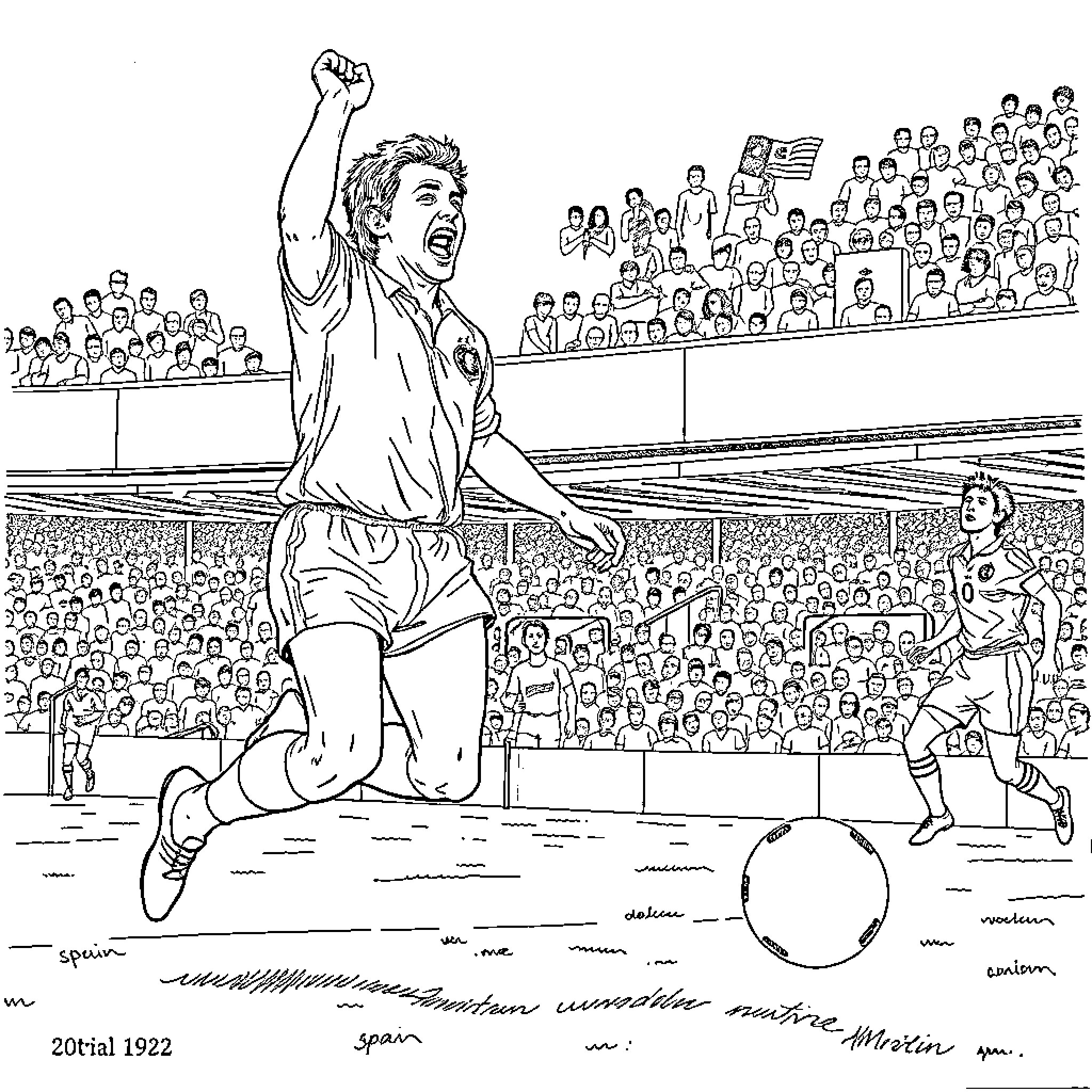 Gerry Armstrong celebrating victory on the soccer field Coloring Page (free black-and-white line drawing printable PDF for all, from beginners to advanced learners, including children, teens, adults, and seniors)