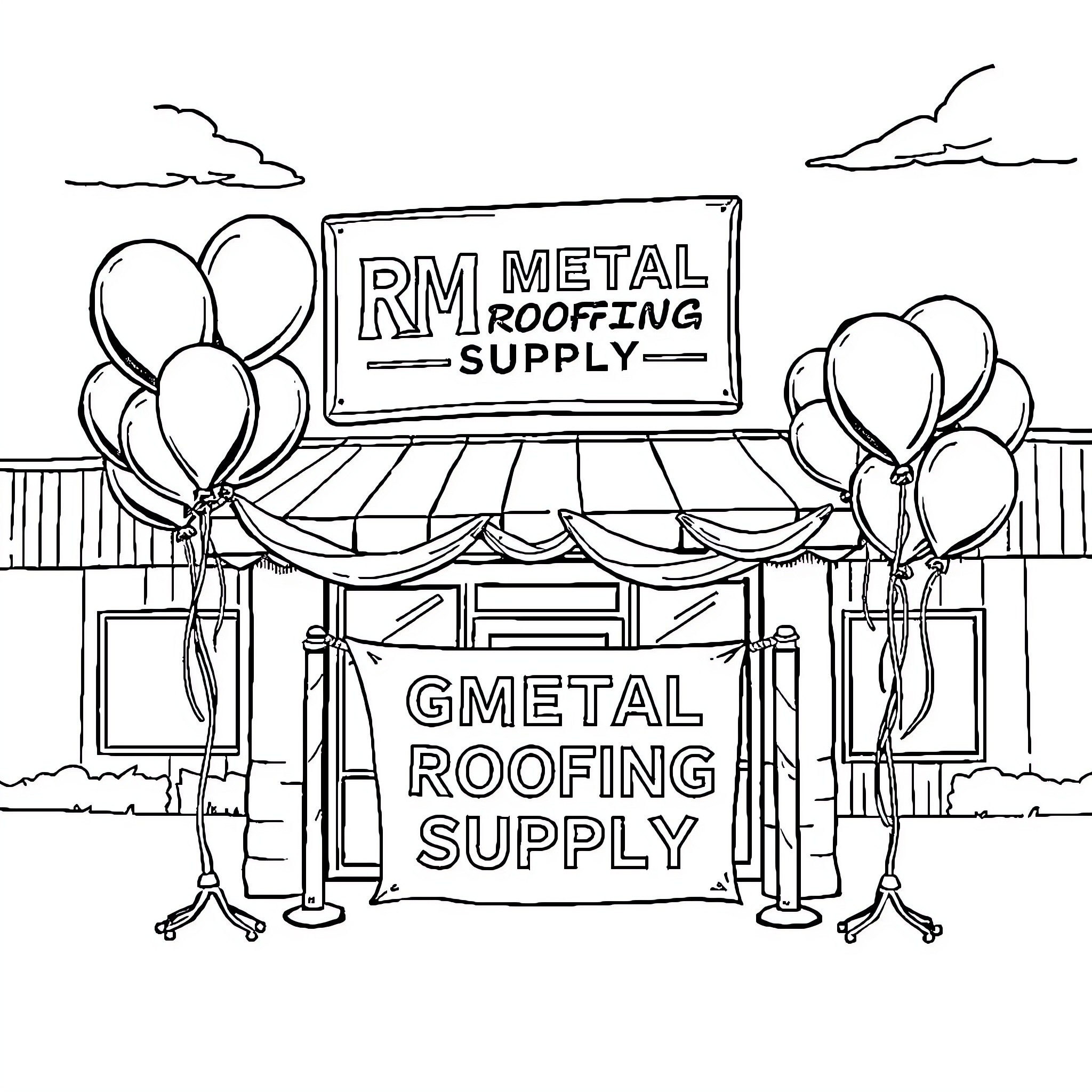 Rm Metal Roofing Supply storefront with party decorations Coloring Page (free black-and-white line drawing printable PDF for all, from beginners to advanced learners, including children, teens, adults, and seniors)
