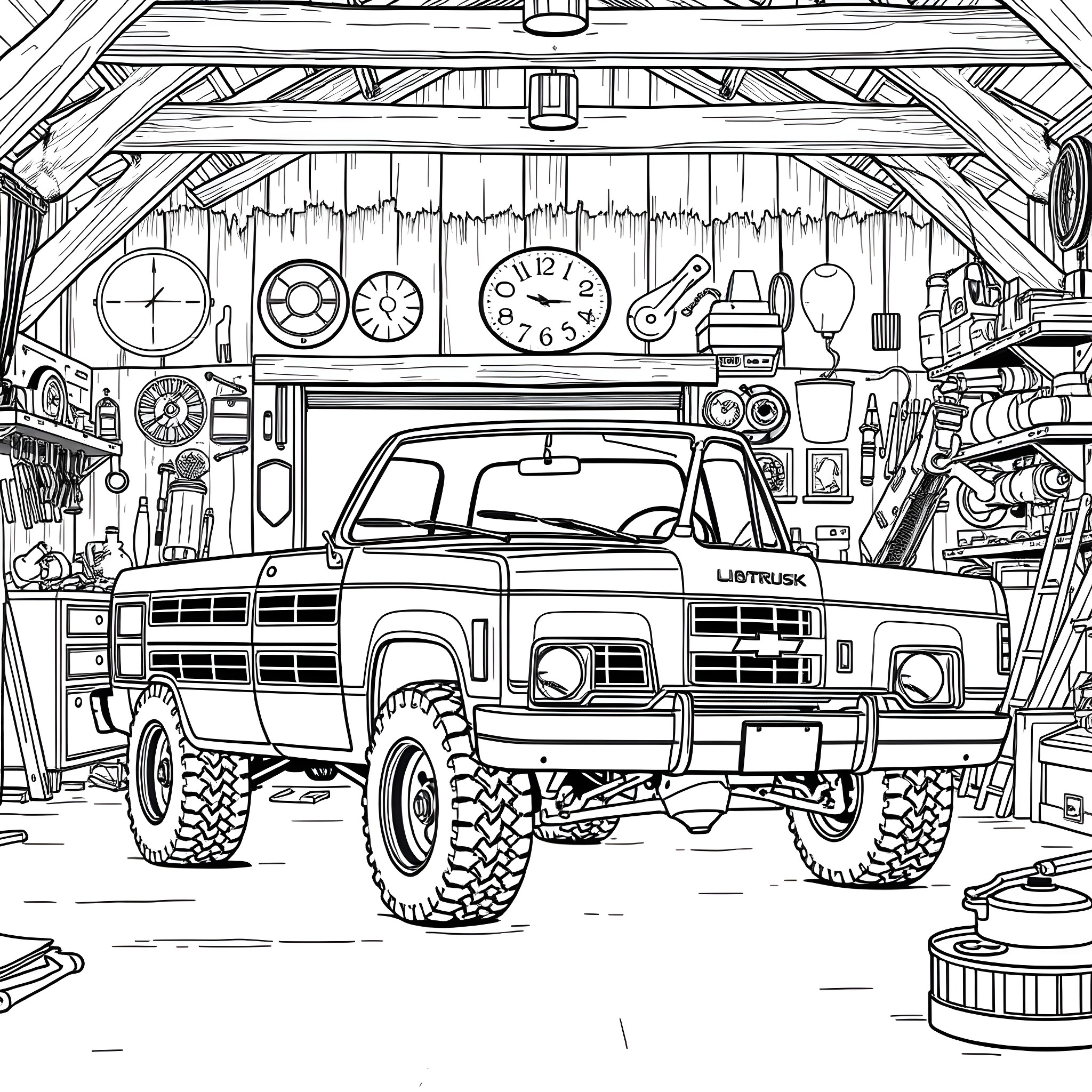 Truck in a rustic workshop filled with tools and decor Coloring Page (free black-and-white line drawing printable PDF for all, from beginners to advanced learners, including children, teens, adults, and seniors)