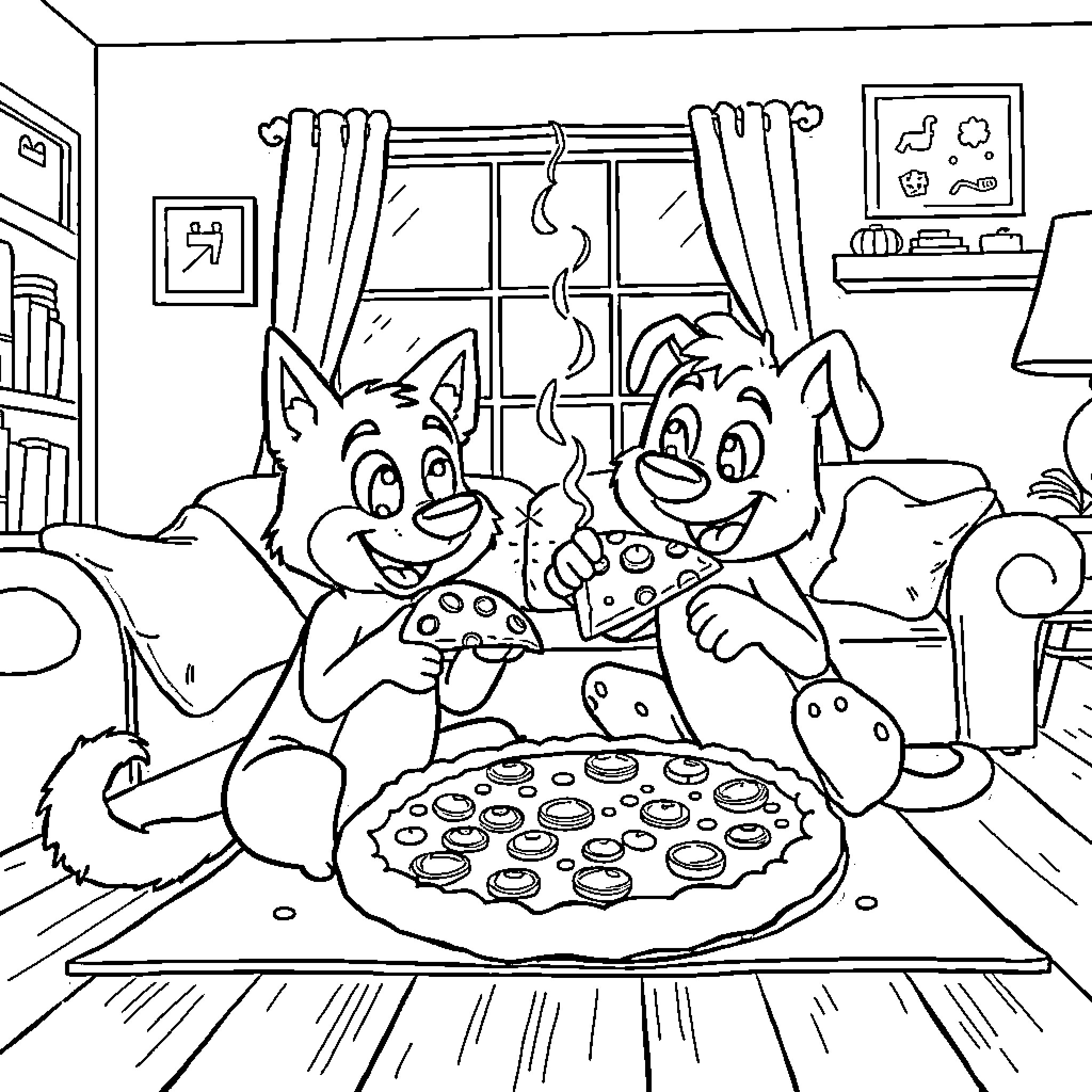 Bluey and friends enjoying a tasty pizza together Coloring Page (free black-and-white line drawing printable PDF for all, from beginners to advanced learners, including children, teens, adults, and seniors)