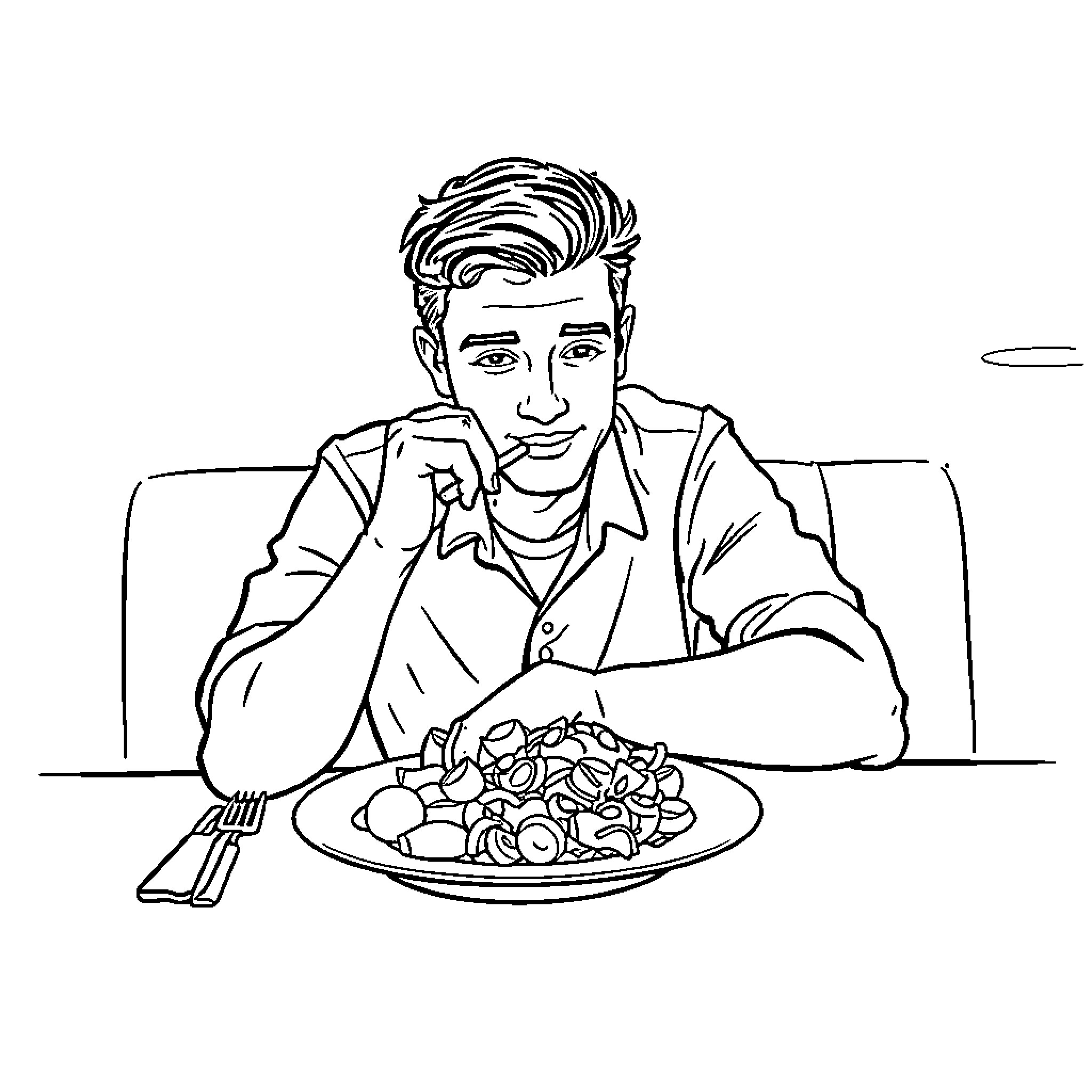 Guy enjoying a tasty meal at the table Coloring Page (free black-and-white line drawing printable PDF for all, from beginners to advanced learners, including children, teens, adults, and seniors)