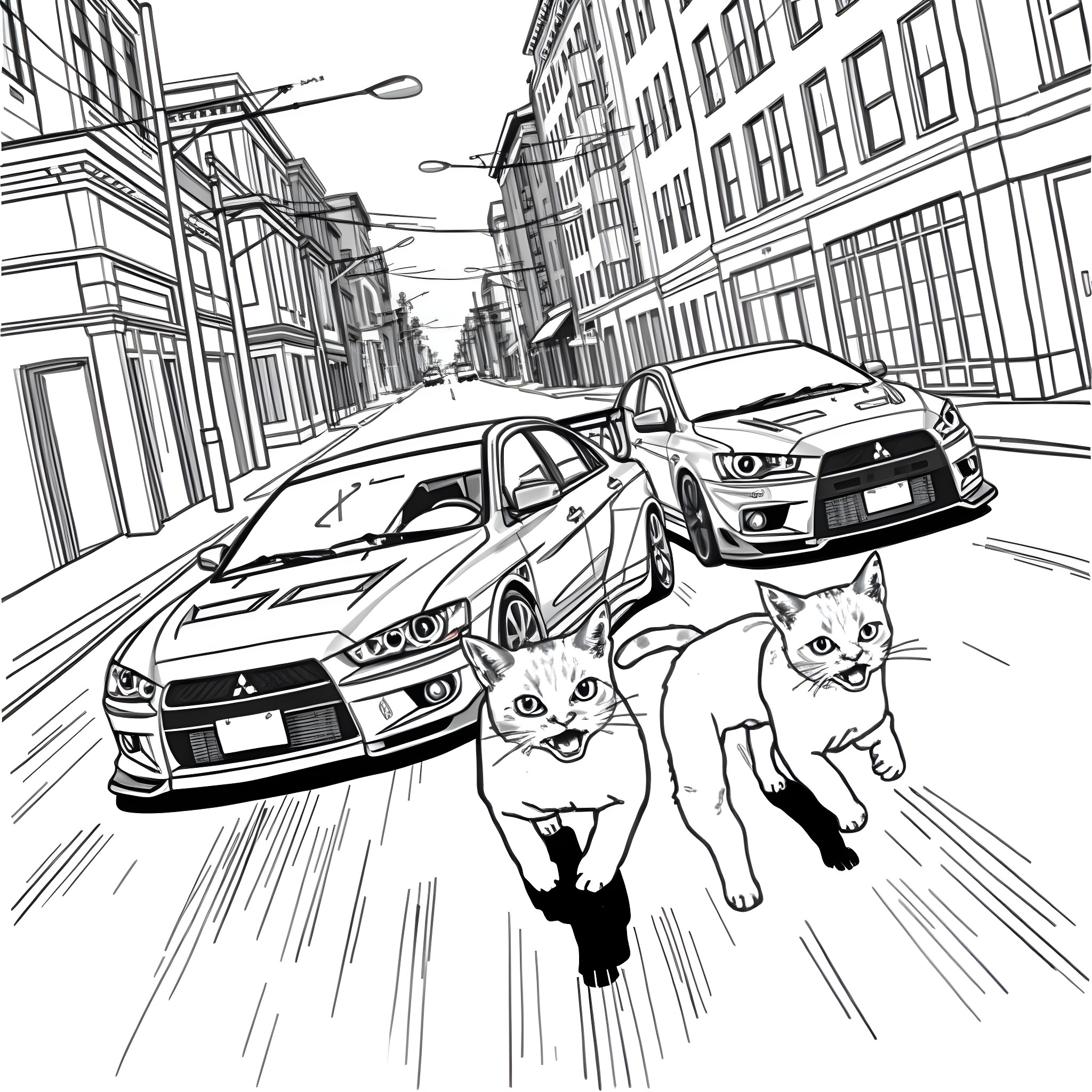 Cats dashing through busy city street Coloring Page (free black-and-white line drawing printable PDF for all, from beginners to advanced learners, including children, teens, adults, and seniors)