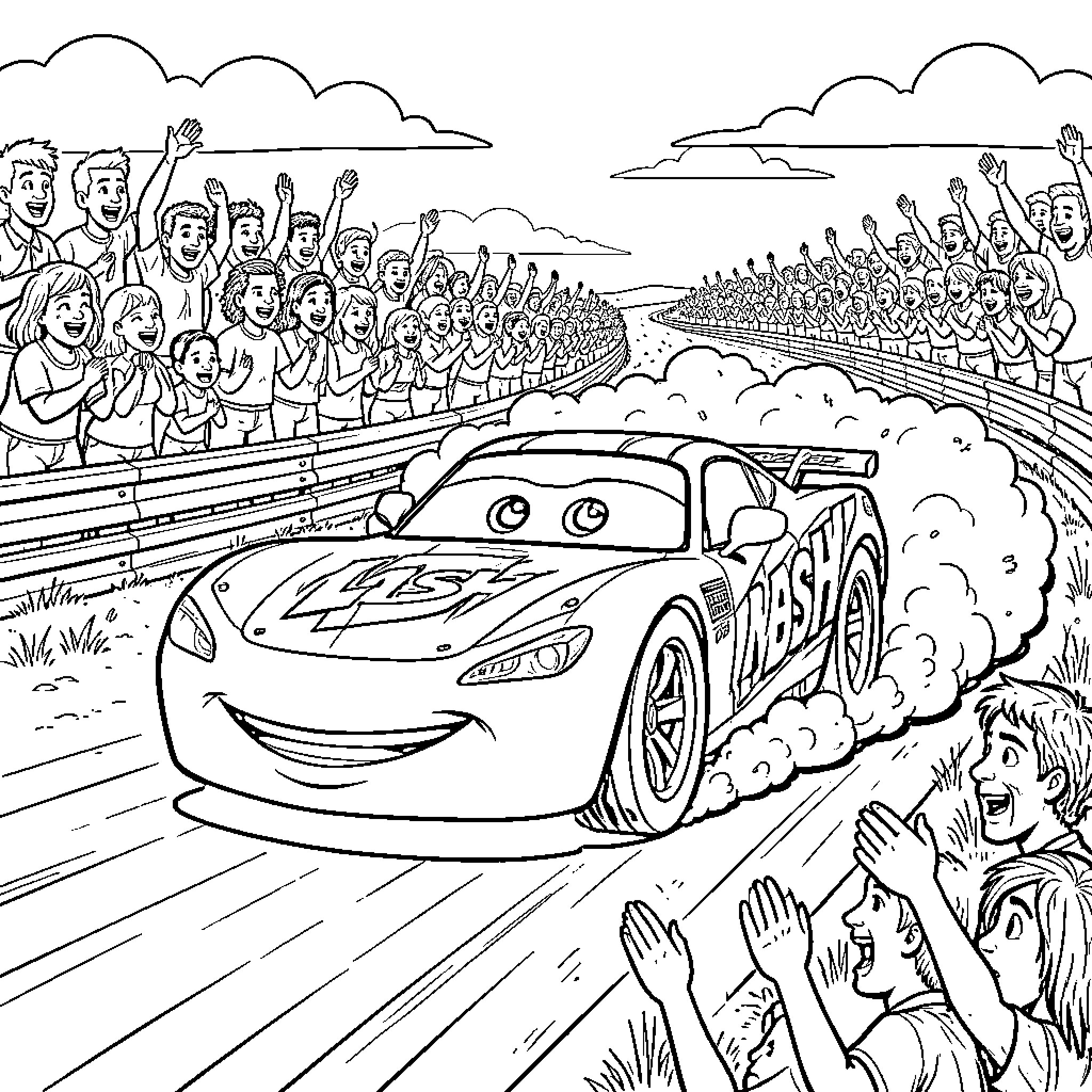 Flash McQueen racing fast past cheering crowds Coloring Page (free black-and-white line drawing printable PDF for all, from beginners to advanced learners, including children, teens, adults, and seniors)
