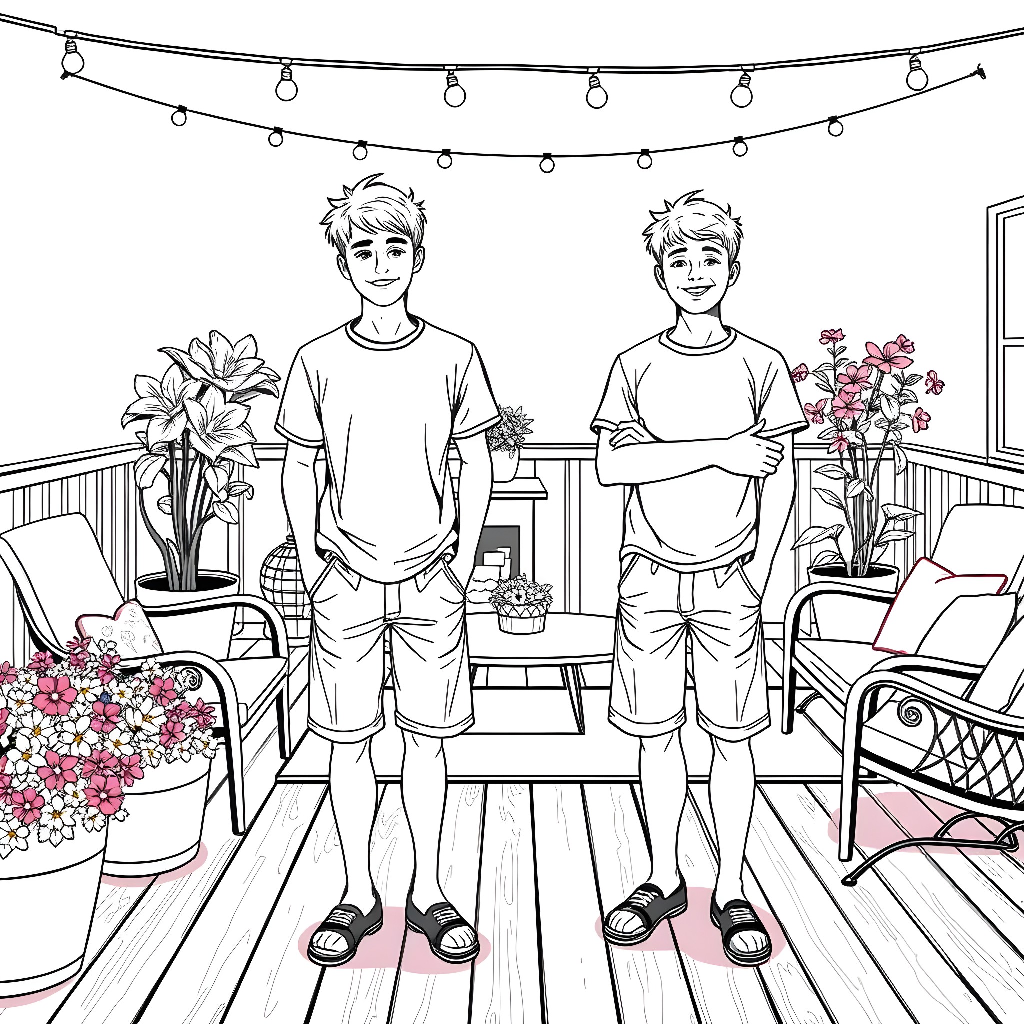 Teen Guys Standing on Patio with Flowers Coloring Page (free black-and-white line drawing printable PDF for all, from beginners to advanced learners, including children, teens, adults, and seniors)