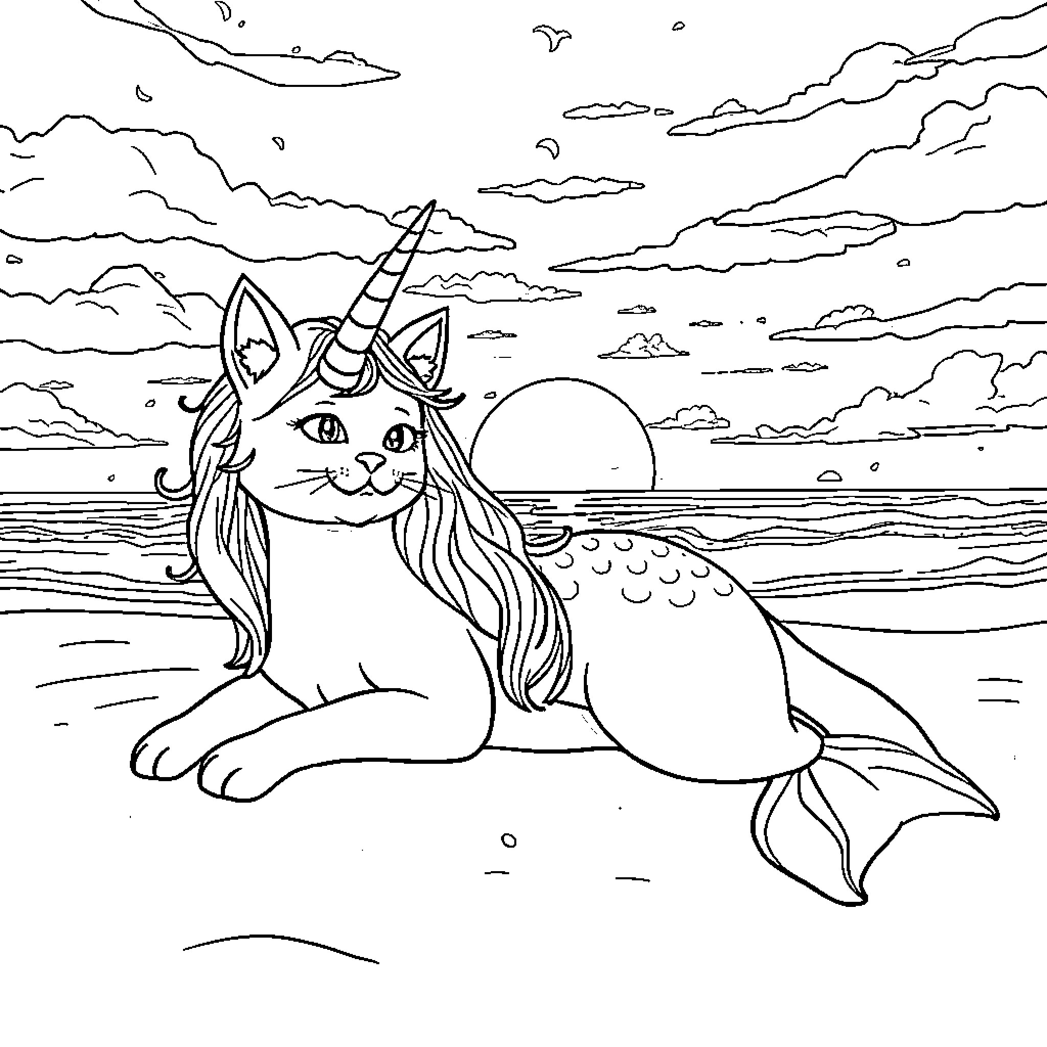 Cat-Mermaid-Unicorn resting by the sea Coloring Page (free black-and-white line drawing printable PDF for all, from beginners to advanced learners, including children, teens, adults, and seniors)