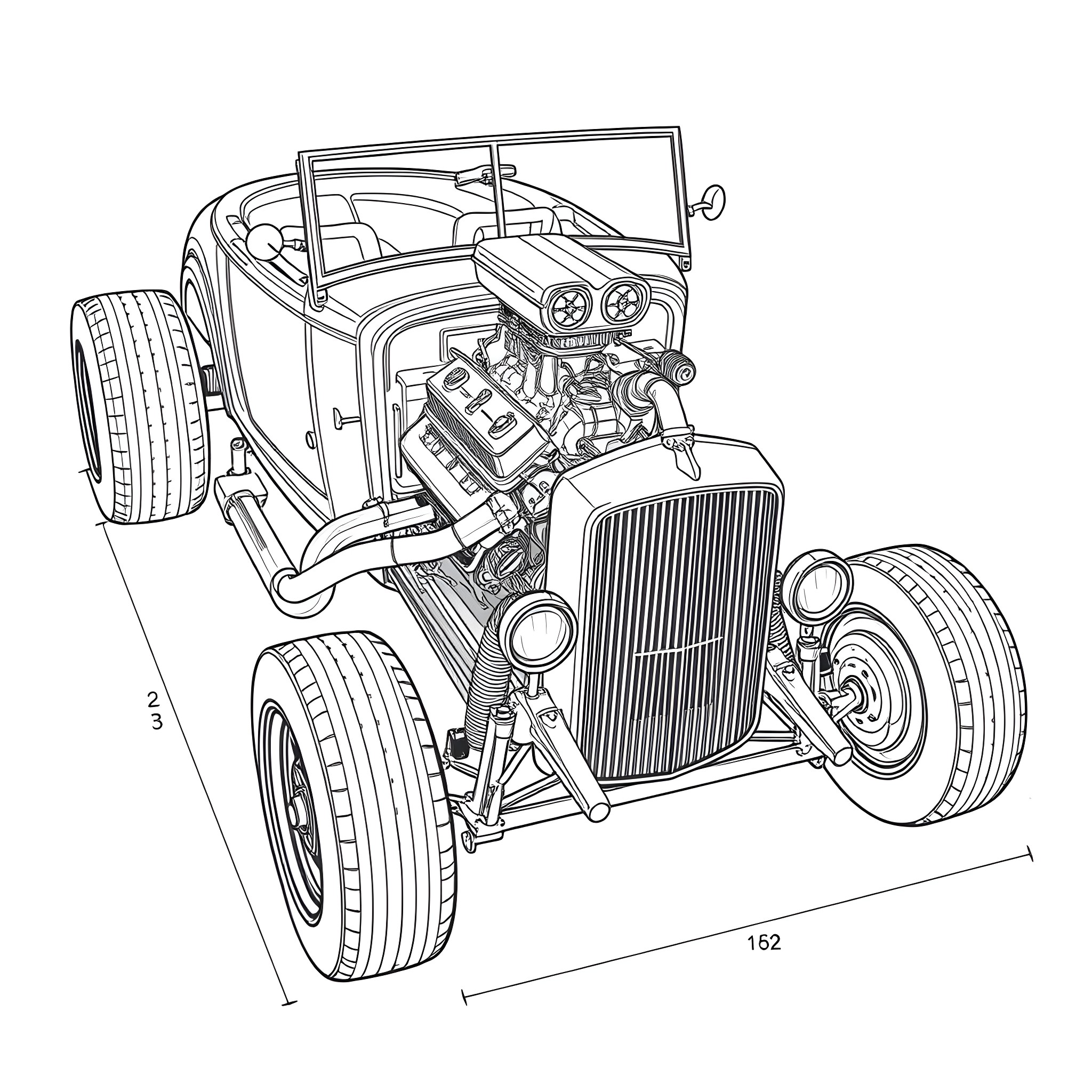 Hotrod vintage car with detailed engine and parts Coloring Page (free black-and-white line drawing printable PDF for all, from beginners to advanced learners, including children, teens, adults, and seniors)
