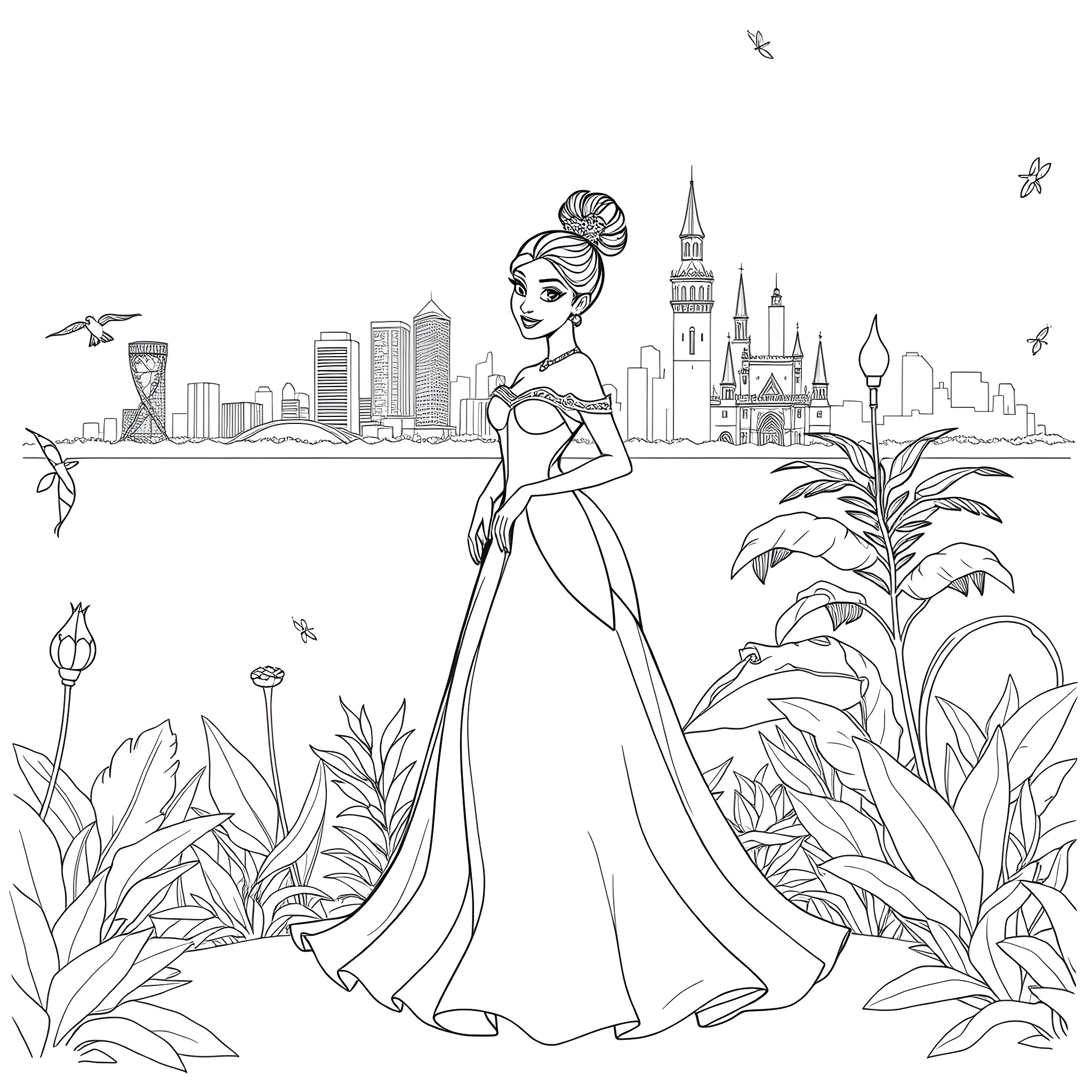Tiana exploring the city skyline in her elegant dress Coloring Page (free black-and-white line drawing printable PDF for all, from beginners to advanced learners, including children, teens, adults, and seniors)
