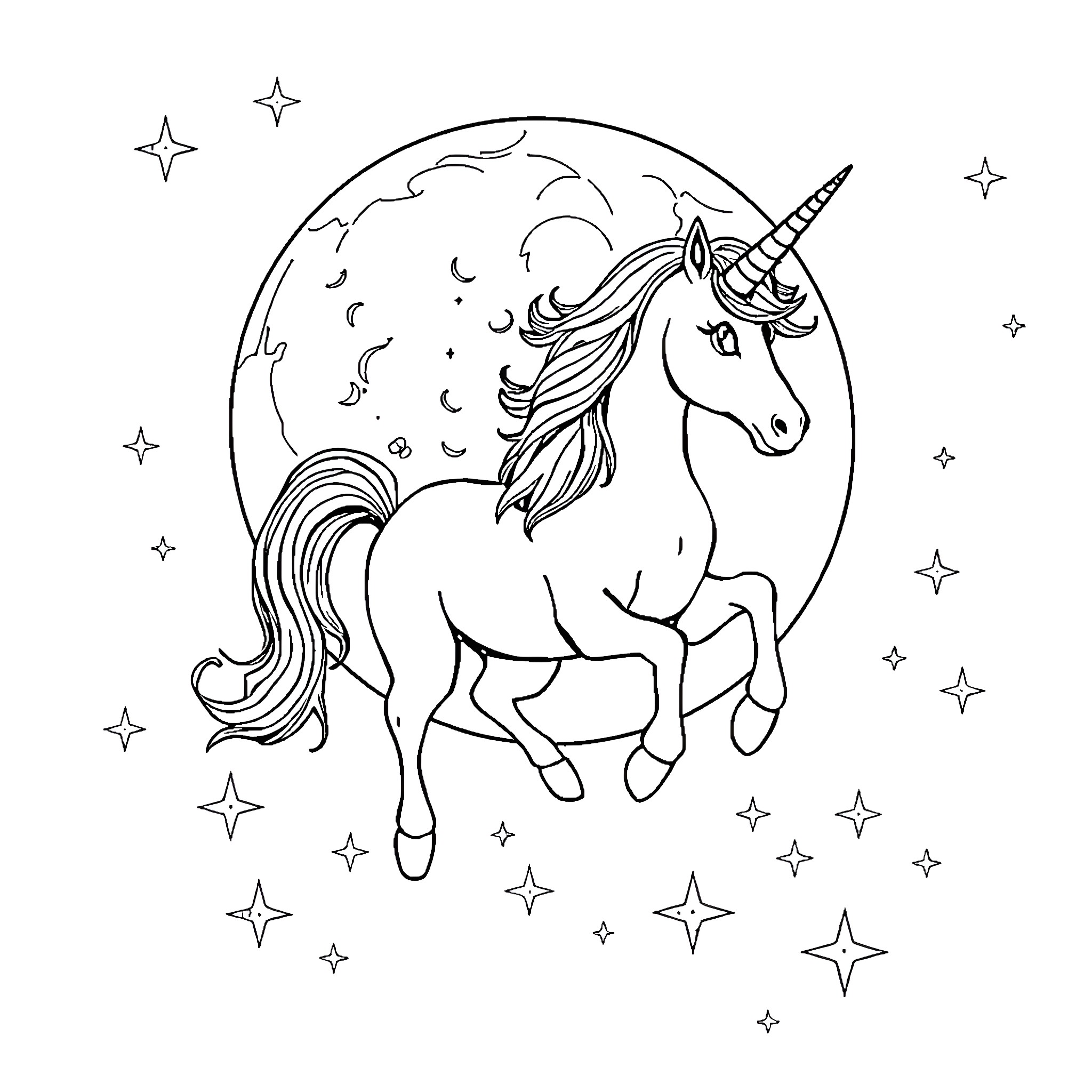 Unicorn galloping under the starry night sky Coloring Page (free black-and-white line drawing printable PDF for all, from beginners to advanced learners, including children, teens, adults, and seniors)