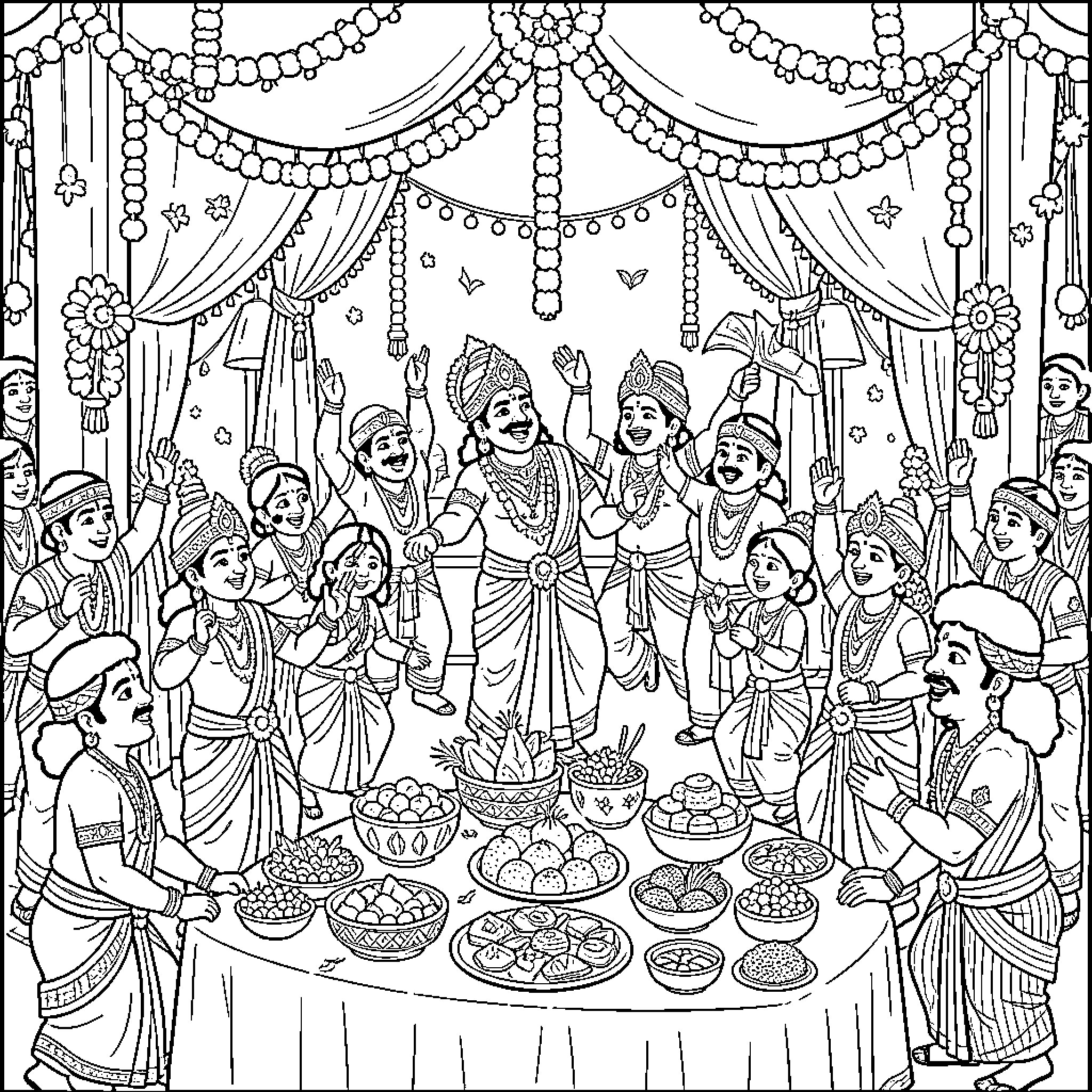 Onam celebration with people enjoying a traditional feast Coloring Page (free black-and-white line drawing printable PDF for all, from beginners to advanced learners, including children, teens, adults, and seniors)