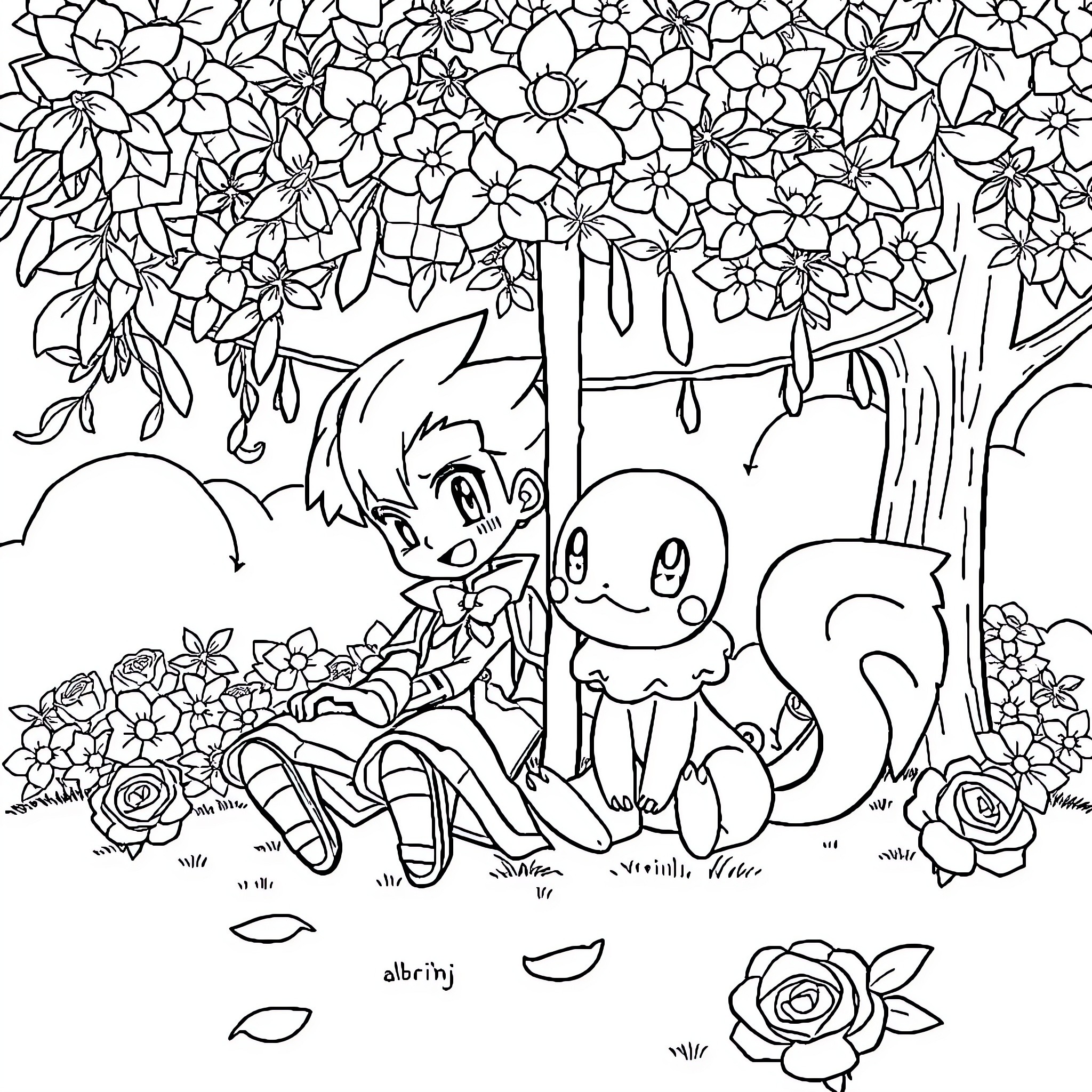 REM Time with Cute Anime Characters in Floral Garden Coloring Page (free black-and-white line drawing printable PDF for all, from beginners to advanced learners, including children, teens, adults, and seniors)