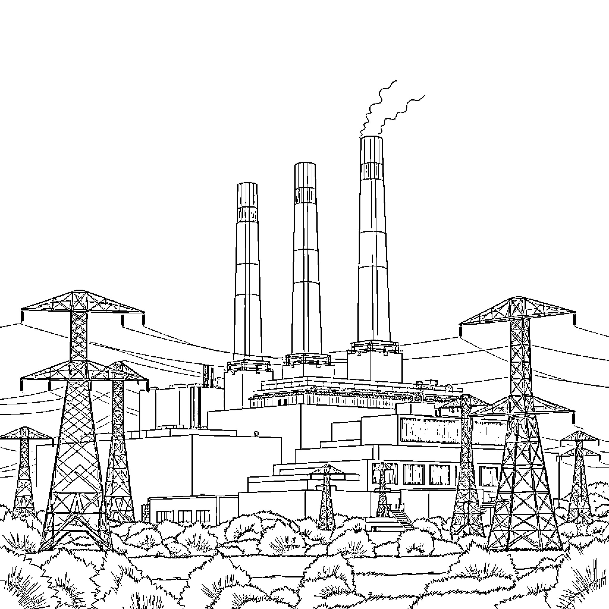 Powerplant with towering smokestacks in industrial landscape Coloring Page (free black-and-white line drawing printable PDF for all, from beginners to advanced learners, including children, teens, adults, and seniors)