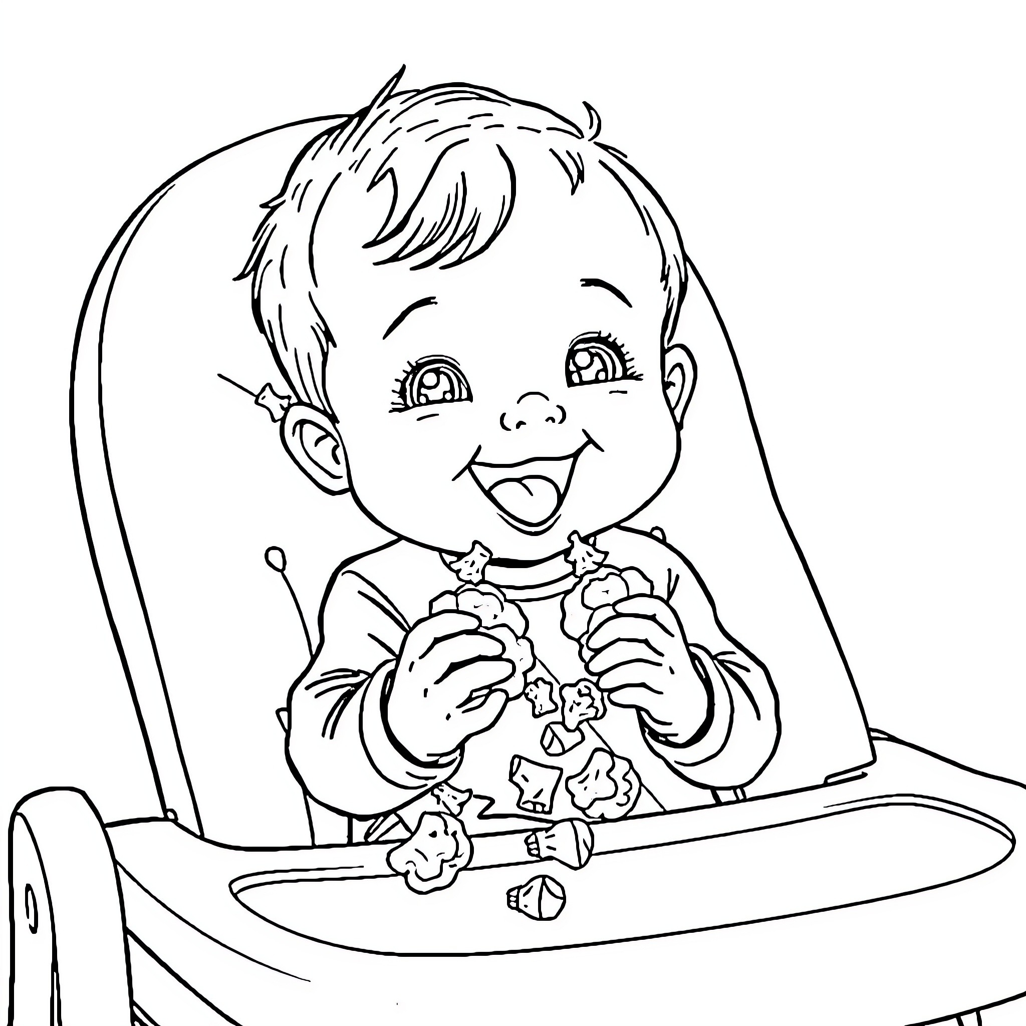 Baby joyfully eating snack in high chair Coloring Page (free black-and-white line drawing printable PDF for all, from beginners to advanced learners, including children, teens, adults, and seniors)