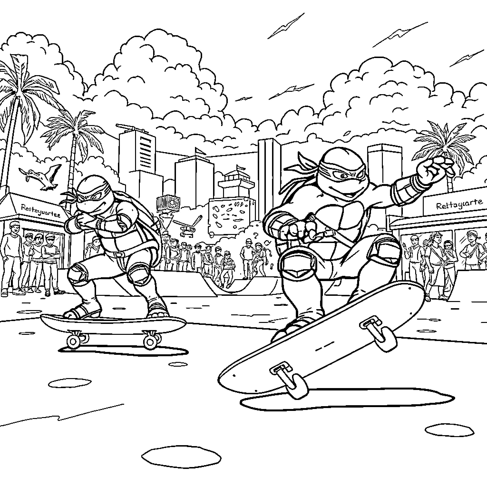 Ninja Turtles skate and fight in the city Coloring Page (free black-and-white line drawing printable PDF for all, from beginners to advanced learners, including children, teens, adults, and seniors)