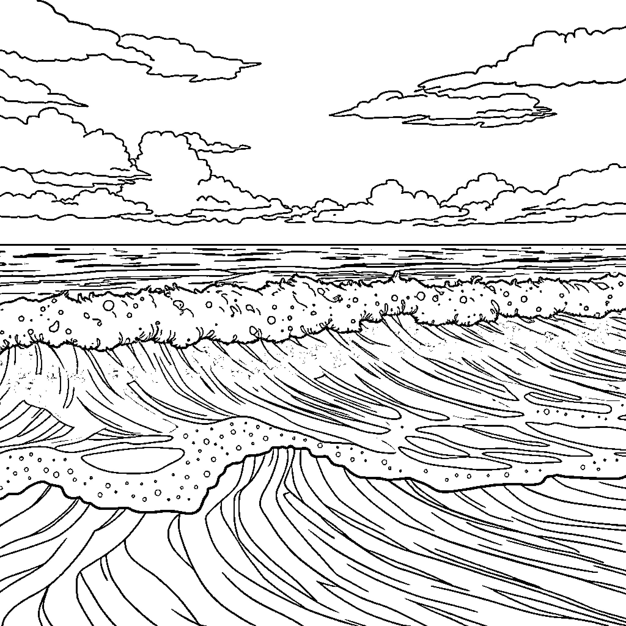 Ocean waves crashing against the shore Coloring Page (free black-and-white line drawing printable PDF for all, from beginners to advanced learners, including children, teens, adults, and seniors)