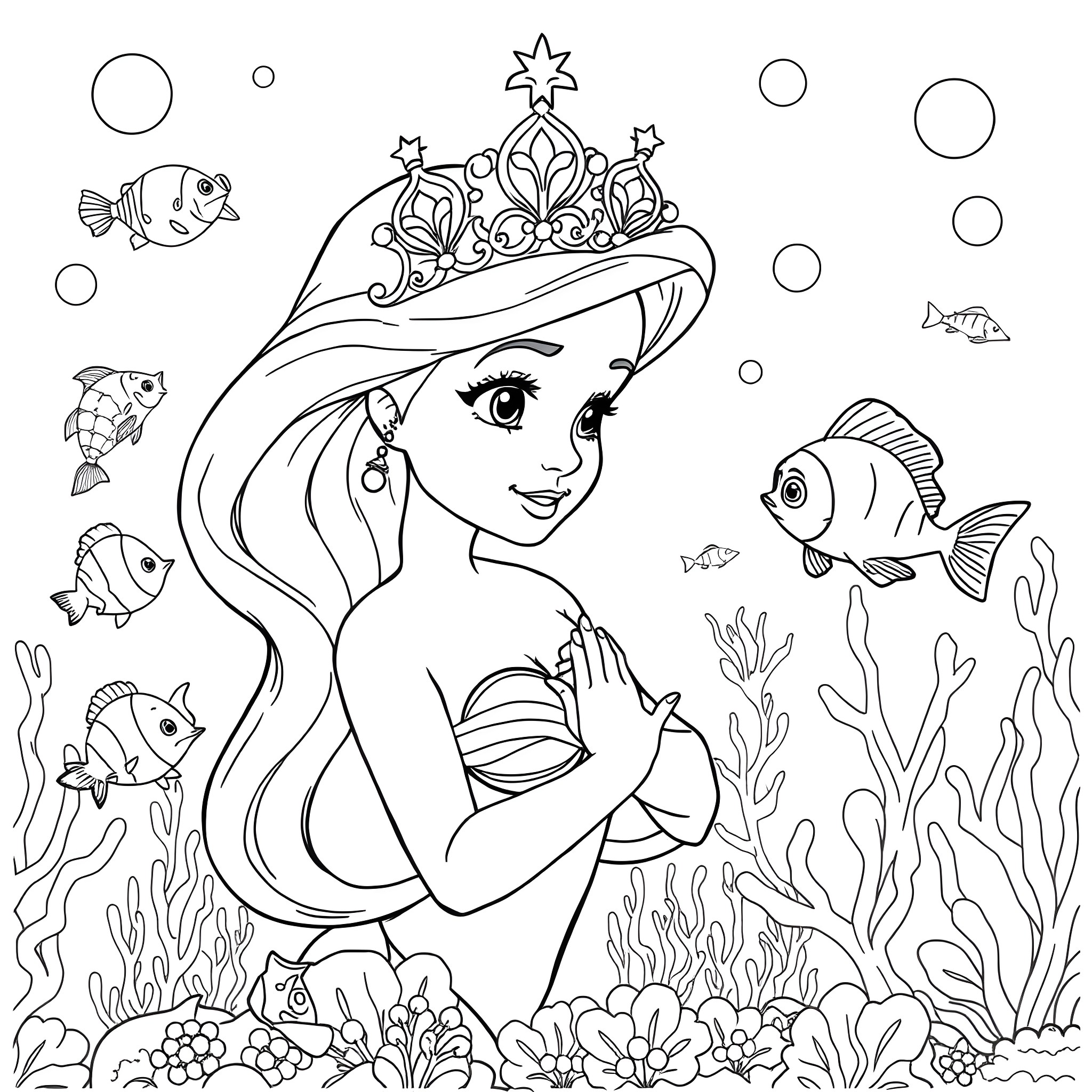 Ariel the Mermaid Princess in the Underwater Kingdom Coloring Page (free black-and-white line drawing printable PDF for all, from beginners to advanced learners, including children, teens, adults, and seniors)