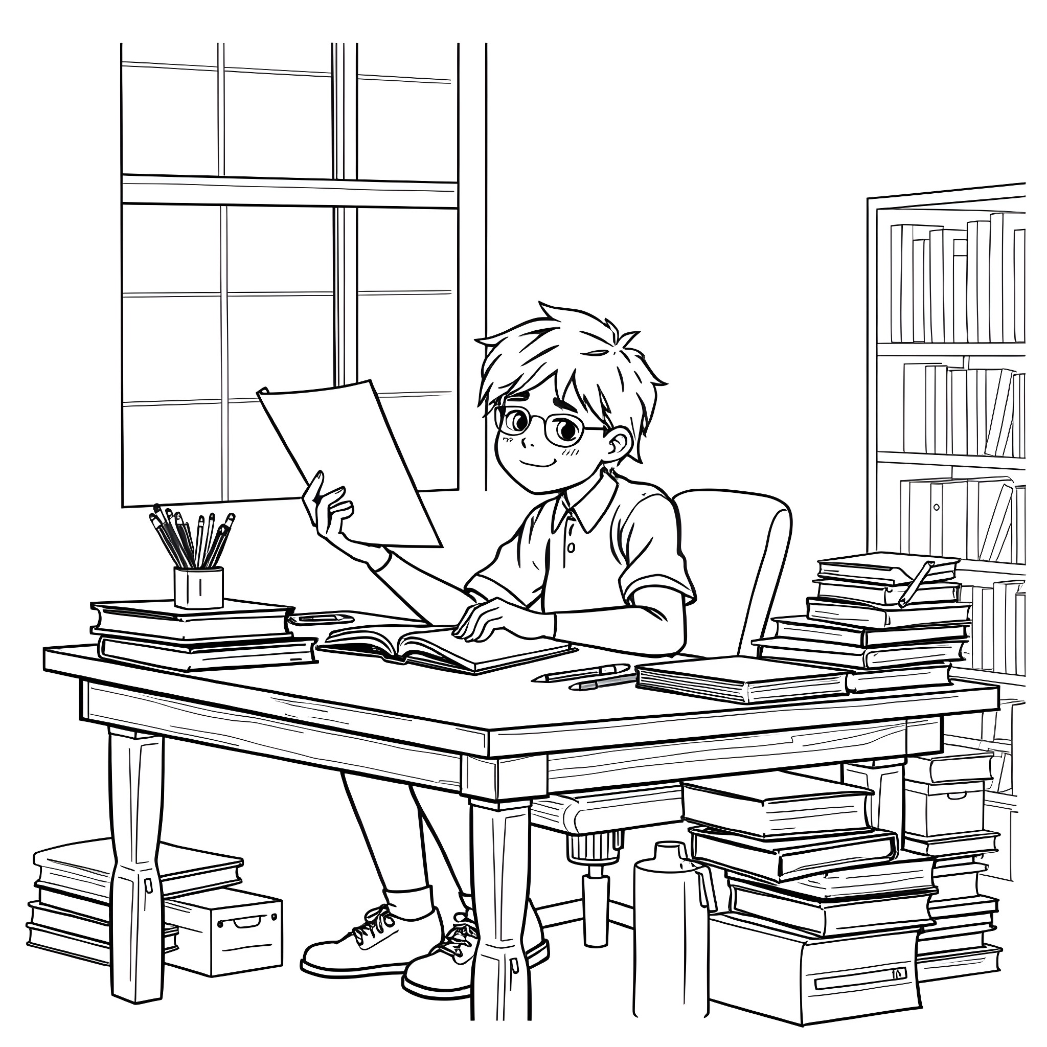Student sitting at desk sketching in notebook Coloring Page (free black-and-white line drawing printable PDF for all, from beginners to advanced learners, including children, teens, adults, and seniors)