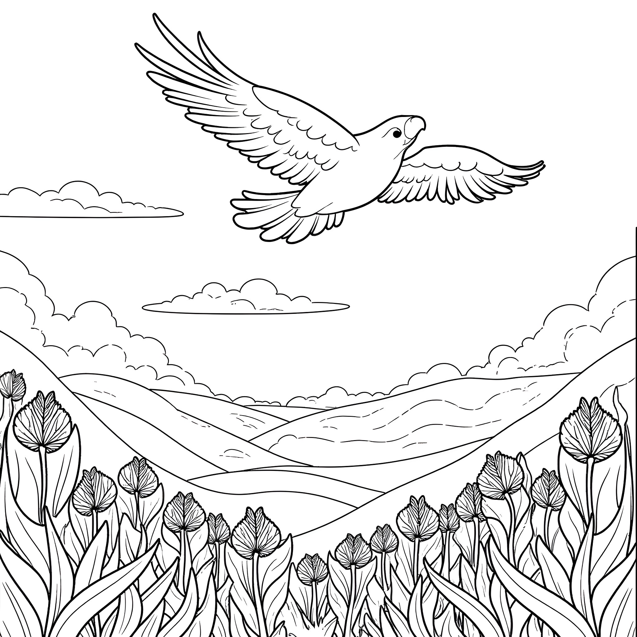 Chipsman's Soaring Dove: A Scene of Nature's Grace Coloring Page (free black-and-white line drawing printable PDF for all, from beginners to advanced learners, including children, teens, adults, and seniors)