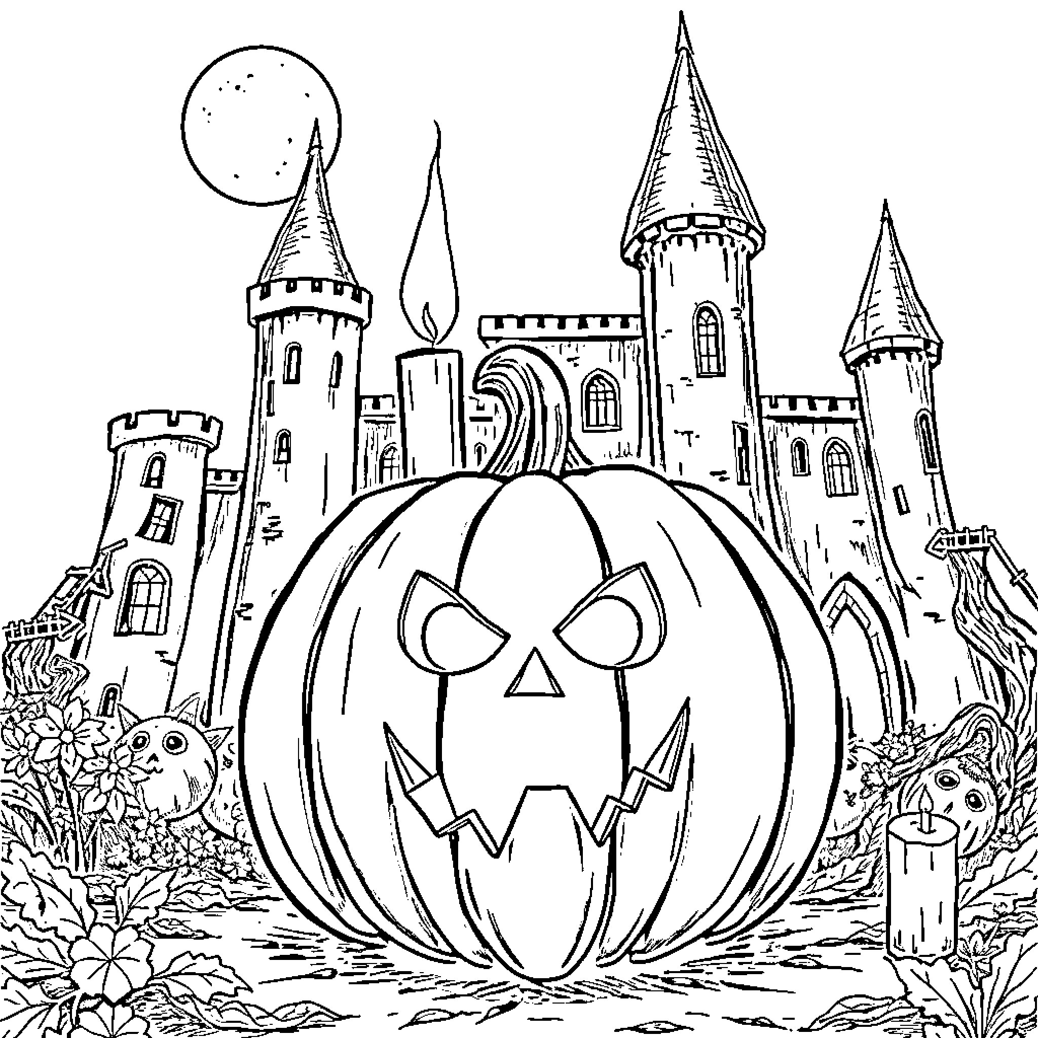 Halloween Pumpkin at a Haunted Castle Coloring Page (free black-and-white line drawing printable PDF for all, from beginners to advanced learners, including children, teens, adults, and seniors)