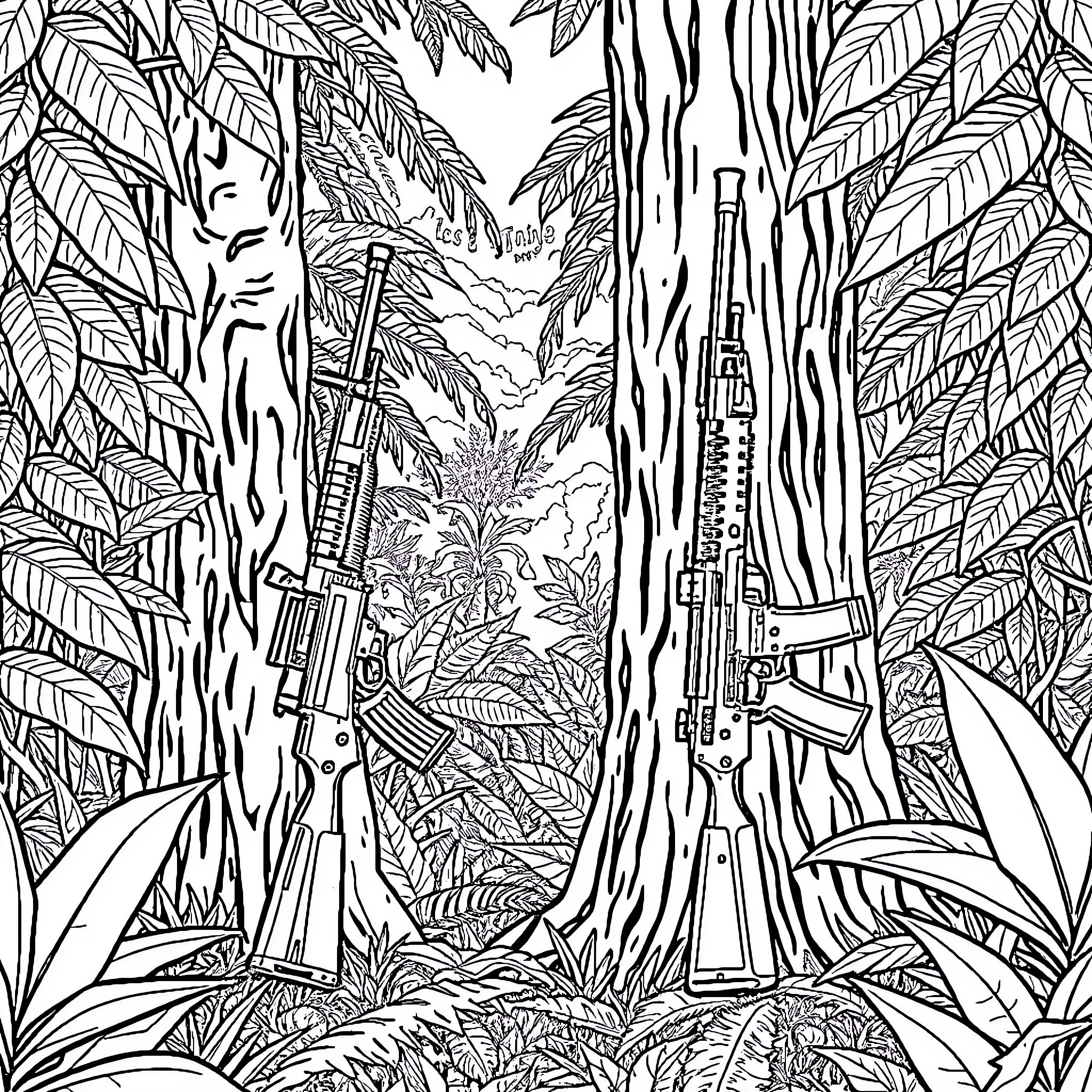 Rifle Rifles in Tropical Jungle Environment Coloring Page (free black-and-white line drawing printable PDF for all, from beginners to advanced learners, including children, teens, adults, and seniors)