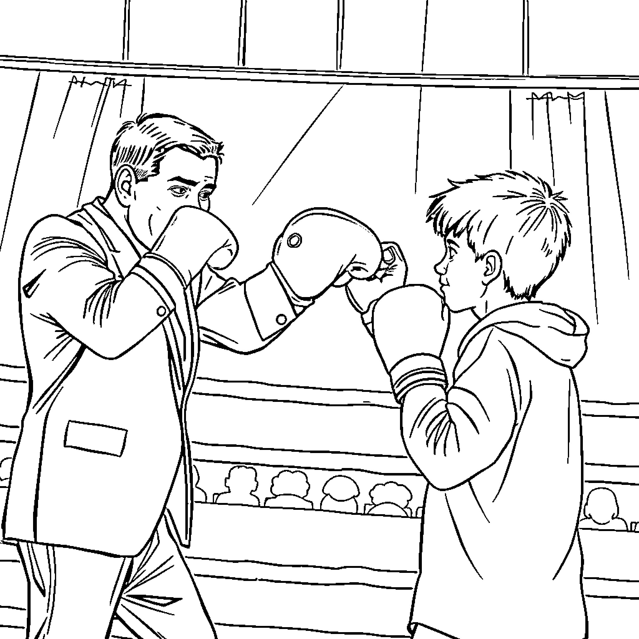 President Conferring with Young Boy in Formal Setting Coloring Page (free black-and-white line drawing printable PDF for all, from beginners to advanced learners, including children, teens, adults, and seniors)