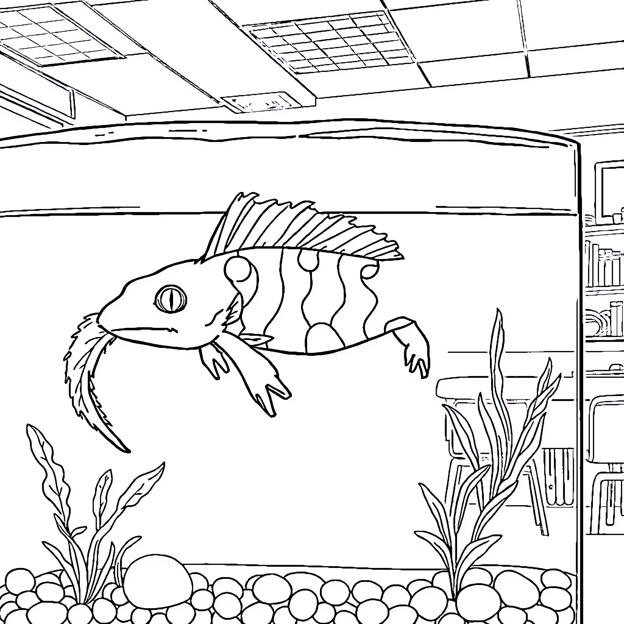 Axolotl swimming peacefully in an aquarium setting Coloring Page (free black-and-white line drawing printable PDF for all, from beginners to advanced learners, including children, teens, adults, and seniors)