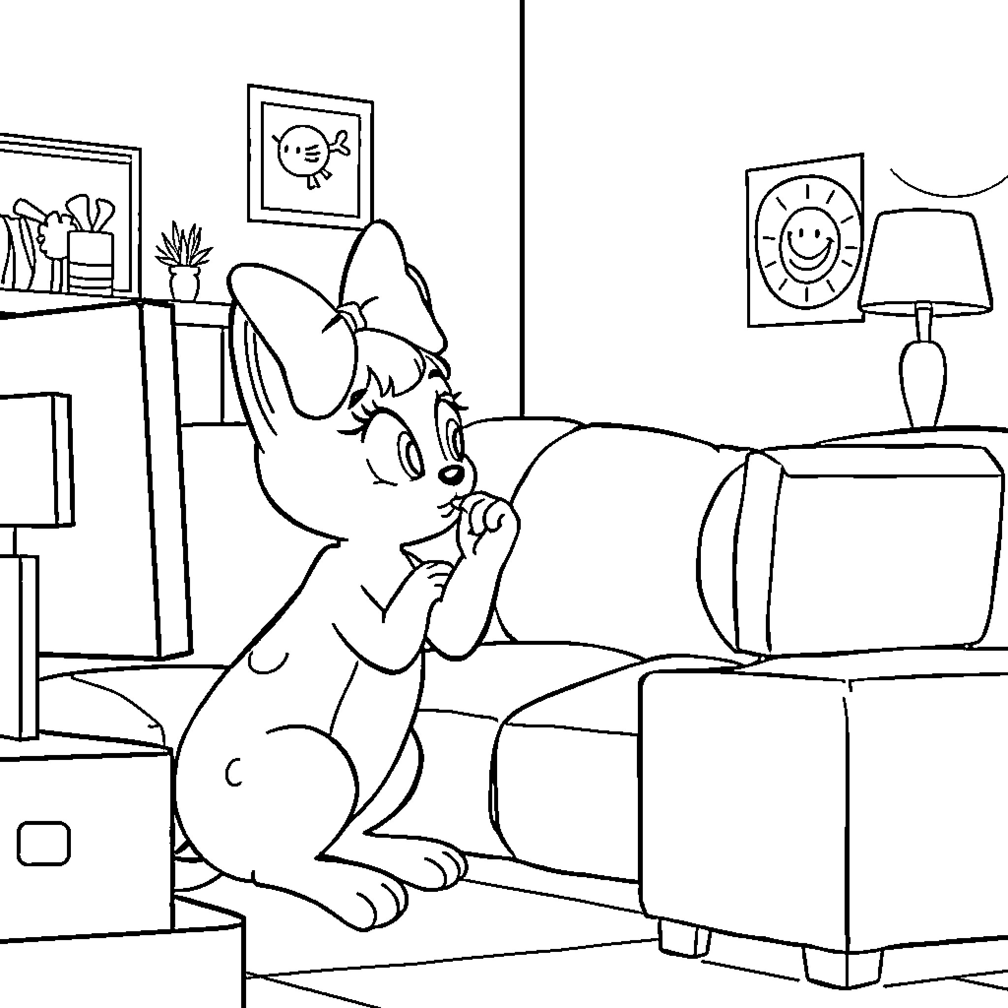 Mina's cozy day indoors Coloring Page (free black-and-white line drawing printable PDF for all, from beginners to advanced learners, including children, teens, adults, and seniors)