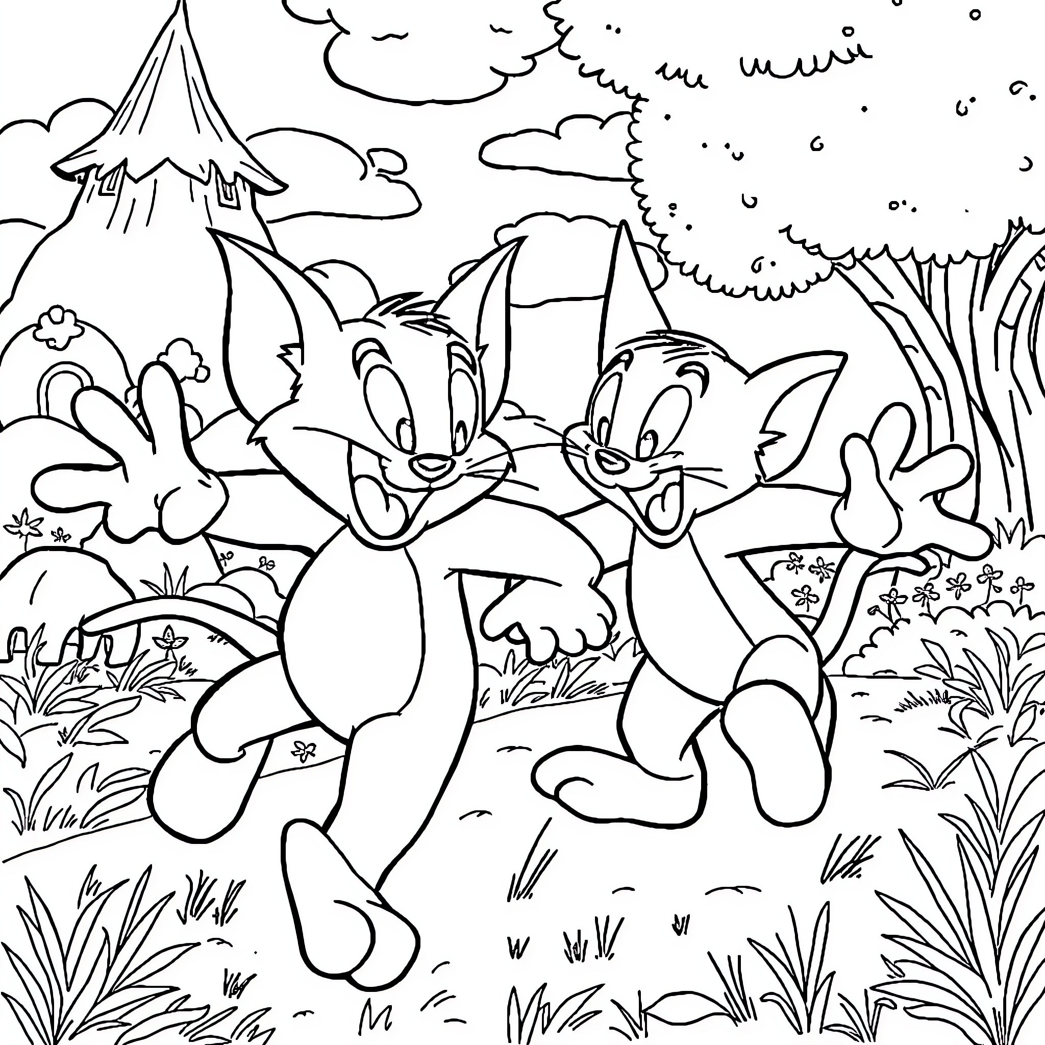 Tom and Jerry playing in the forest Coloring Page (free black-and-white line drawing printable PDF for all, from beginners to advanced learners, including children, teens, adults, and seniors)