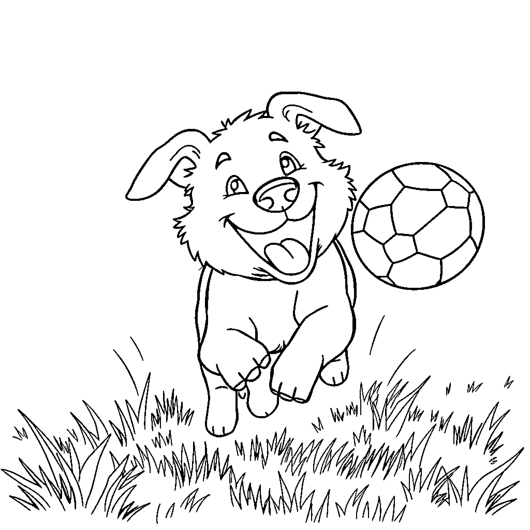 Dog happily playing with a soccer ball Coloring Page (free black-and-white line drawing printable PDF for all, from beginners to advanced learners, including children, teens, adults, and seniors)