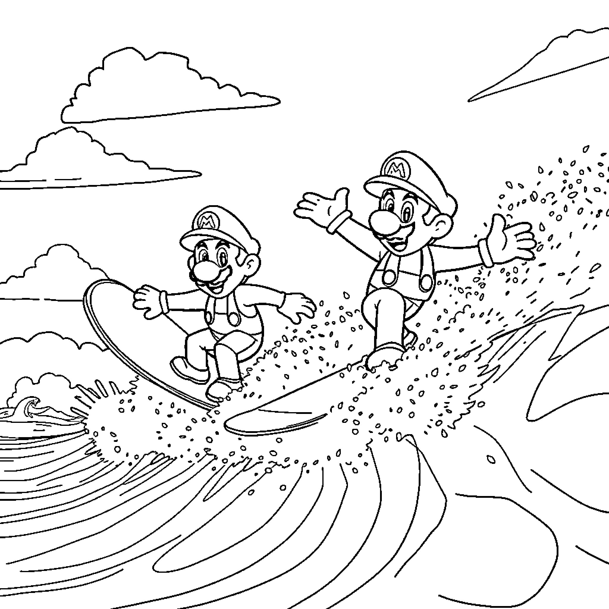 Mario's Surfing Adventure Coloring Page (free black-and-white line drawing printable PDF for all, from beginners to advanced learners, including children, teens, adults, and seniors)