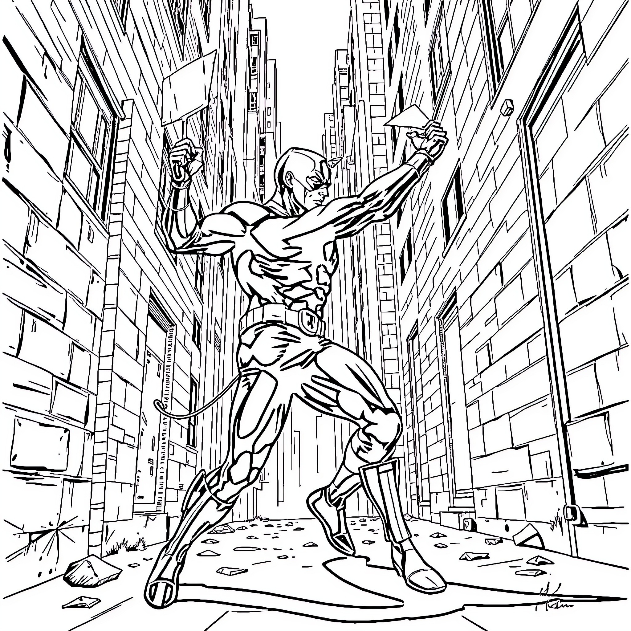 Daredevil leaping through the city skyline Coloring Page (free black-and-white line drawing printable PDF for all, from beginners to advanced learners, including children, teens, adults, and seniors)