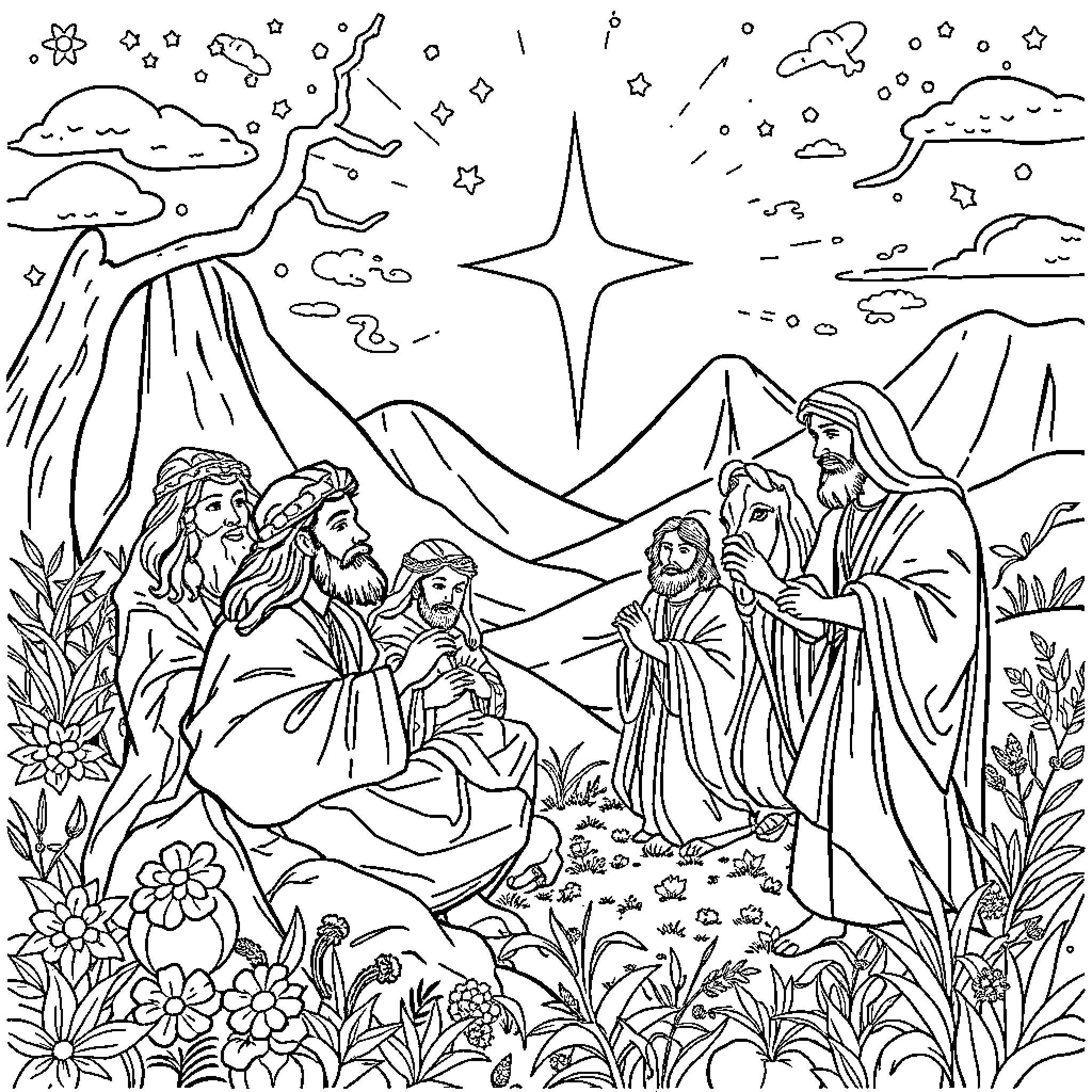 Bible Story of a group gathered in nature Coloring Page (free black-and-white line drawing printable PDF for all, from beginners to advanced learners, including children, teens, adults, and seniors)
