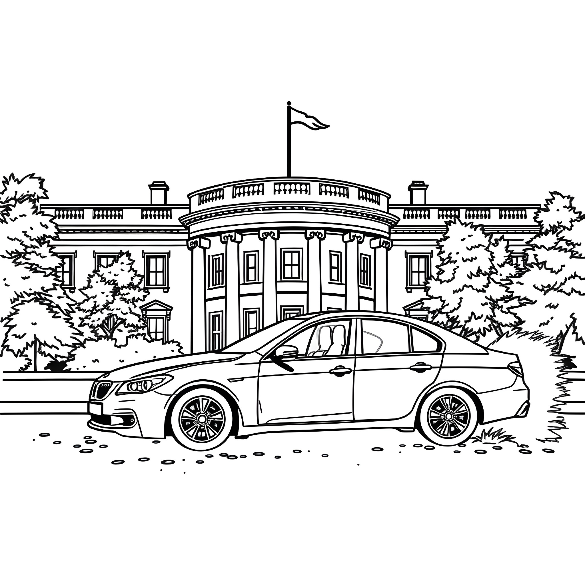 Car Parked in Front of the White House Coloring Page (free black-and-white line drawing printable PDF for all, from beginners to advanced learners, including children, teens, adults, and seniors)