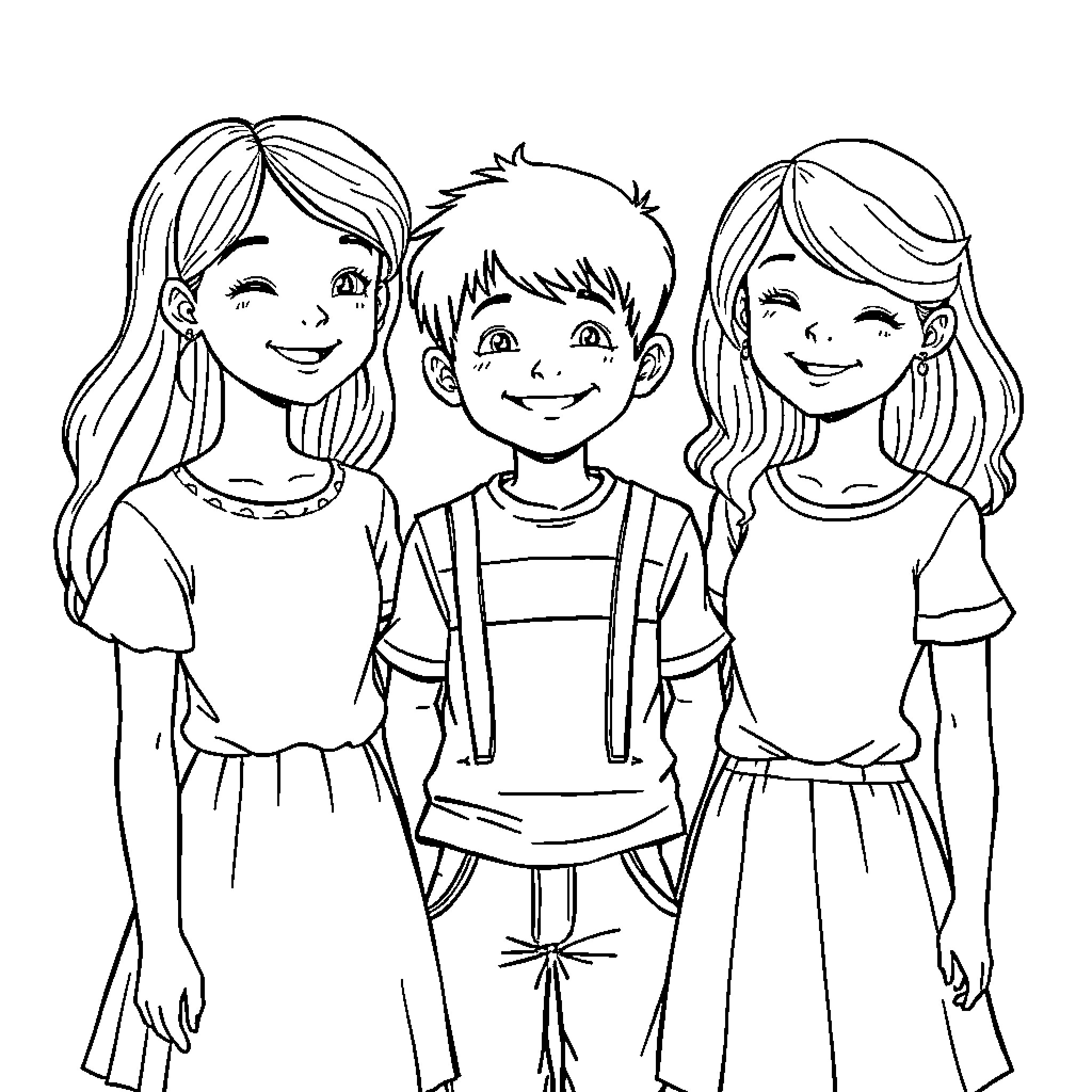 Boy playing with two girls in casual outfits Coloring Page (free black-and-white line drawing printable PDF for all, from beginners to advanced learners, including children, teens, adults, and seniors)