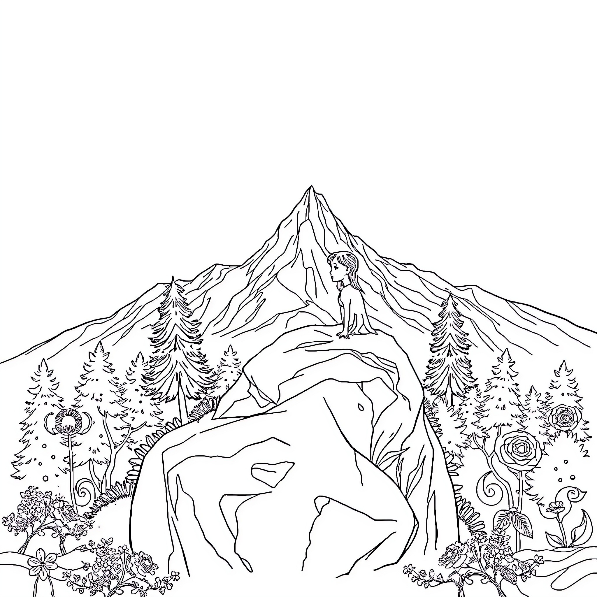 Blanca Nieves amidst the enchanted mountain landscape Coloring Page (free black-and-white line drawing printable PDF for all, from beginners to advanced learners, including children, teens, adults, and seniors)