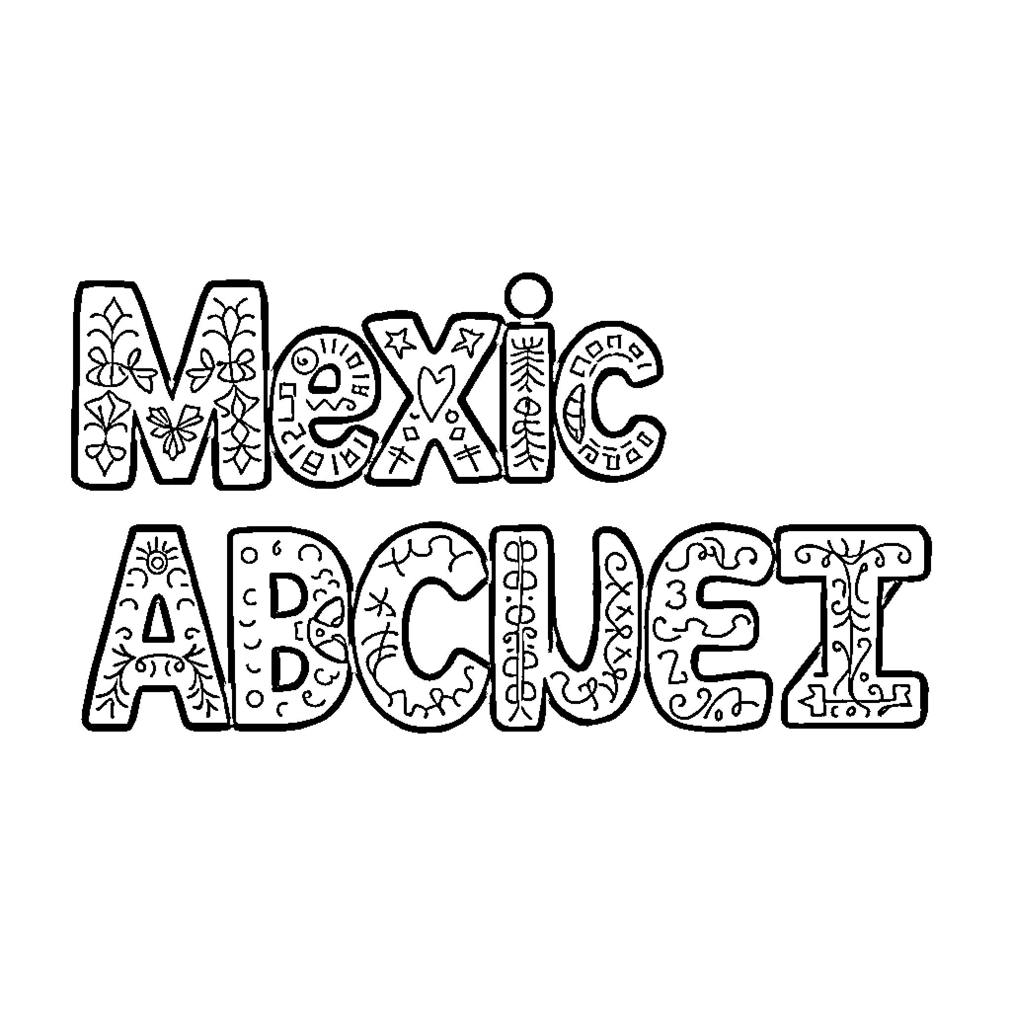 Alphabet Decorative Text with Doodles Coloring Page (free black-and-white line drawing printable PDF for all, from beginners to advanced learners, including children, teens, adults, and seniors)