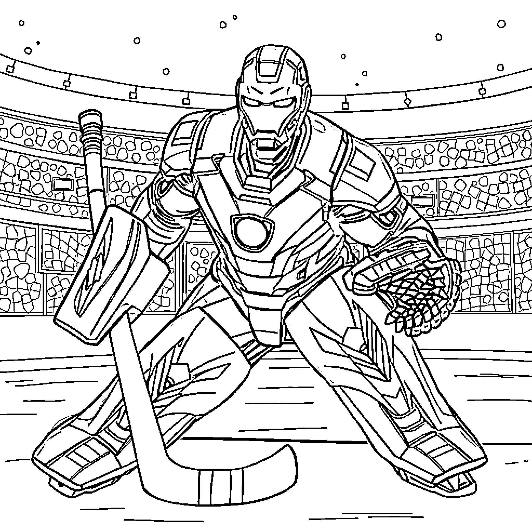 Ironman Superhero in Goalie Gear on the Ice Rink Coloring Page (free black-and-white line drawing printable PDF for all, from beginners to advanced learners, including children, teens, adults, and seniors)