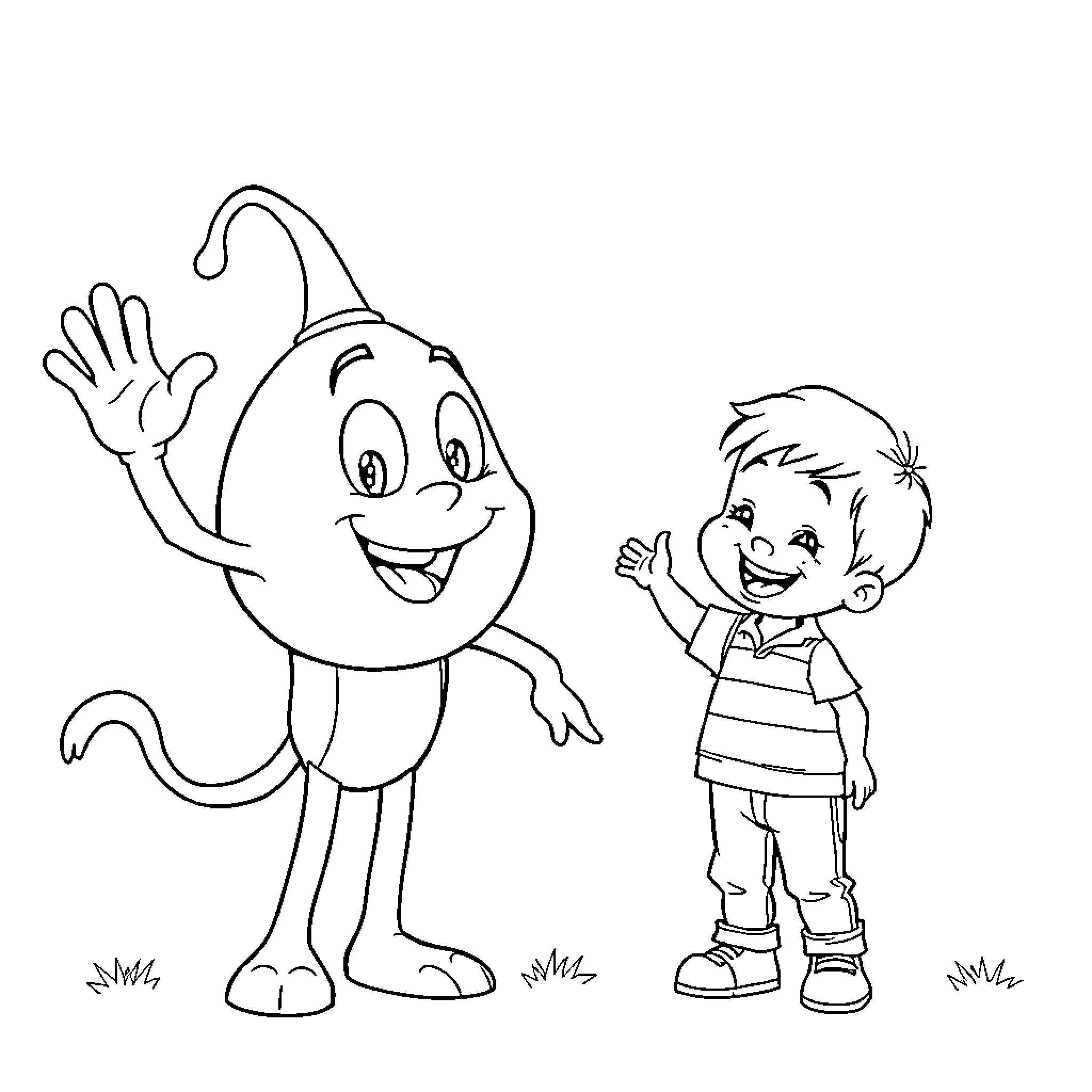 Spin Joyful Characters Interacting Coloring Page (free black-and-white line drawing printable PDF for all, from beginners to advanced learners, including children, teens, adults, and seniors)
