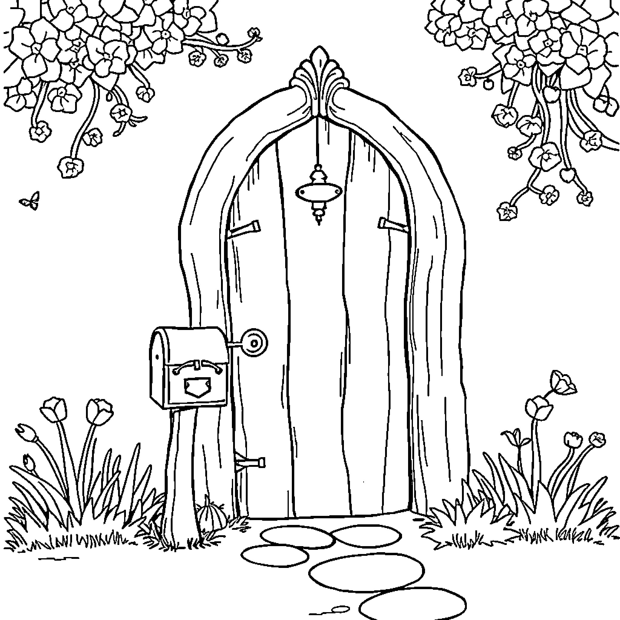 Fairy Door in a Whimsical Garden Coloring Page (free black-and-white line drawing printable PDF for all, from beginners to advanced learners, including children, teens, adults, and seniors)
