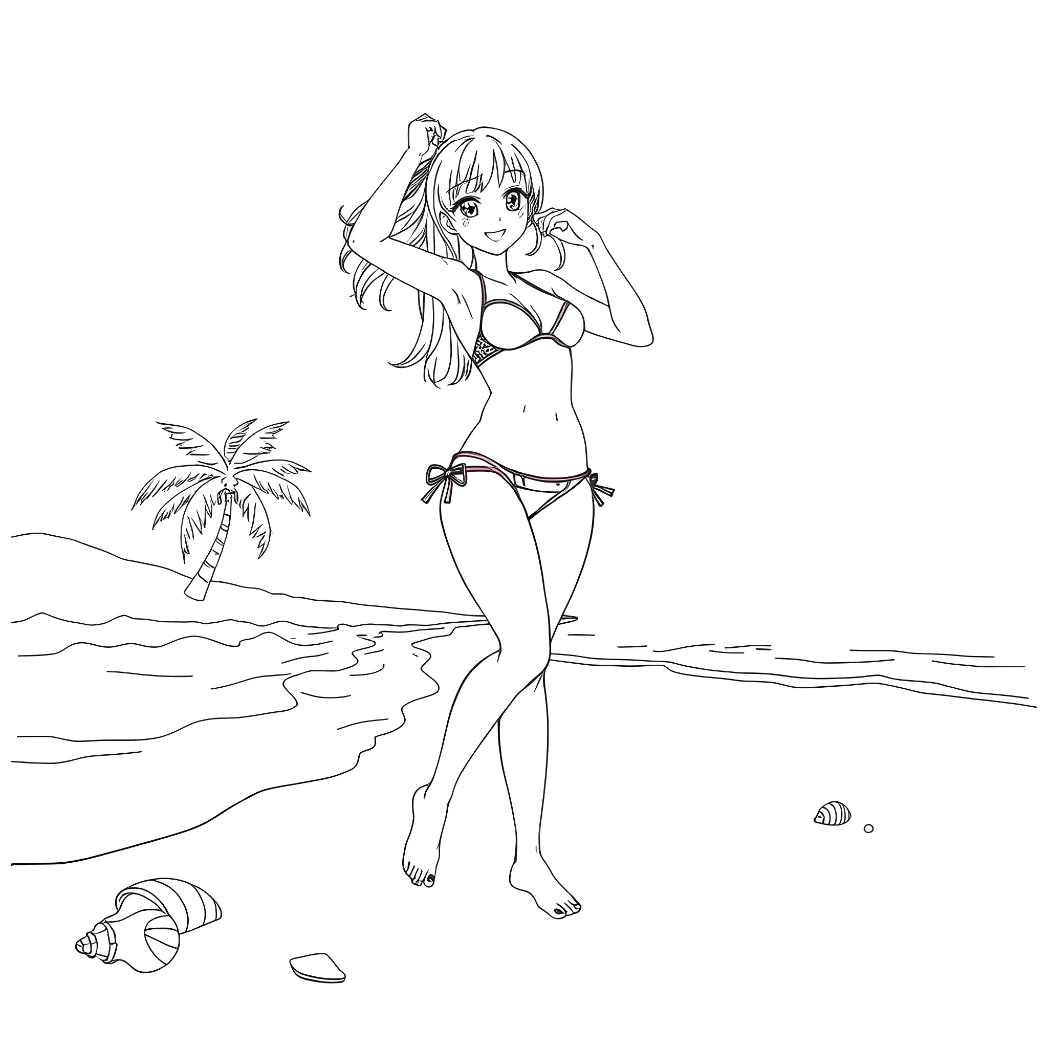 Anime Girl Enjoying Sunny Beach Day Coloring Page (free black-and-white line drawing printable PDF for all, from beginners to advanced learners, including children, teens, adults, and seniors)