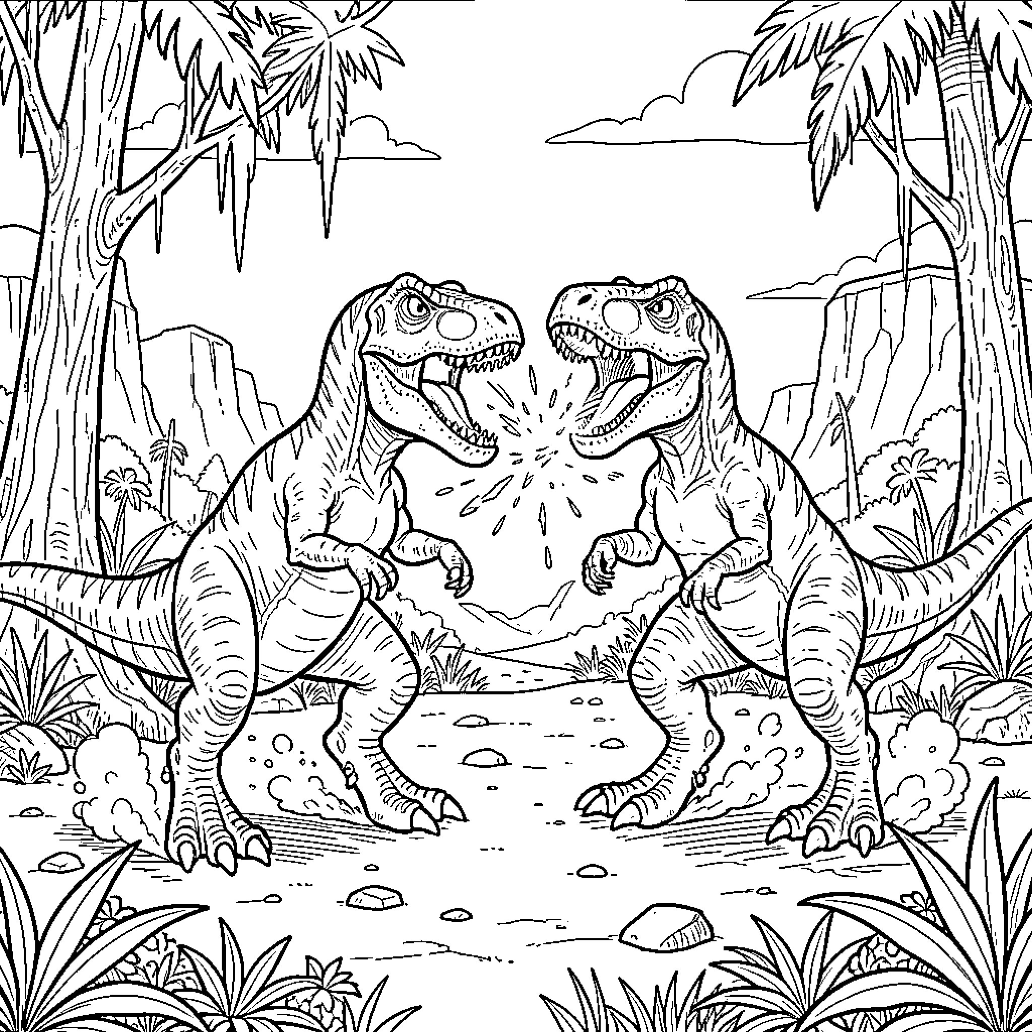 Dinosaur roaring loudly at each other in jungle Coloring Page (free black-and-white line drawing printable PDF for all, from beginners to advanced learners, including children, teens, adults, and seniors)
