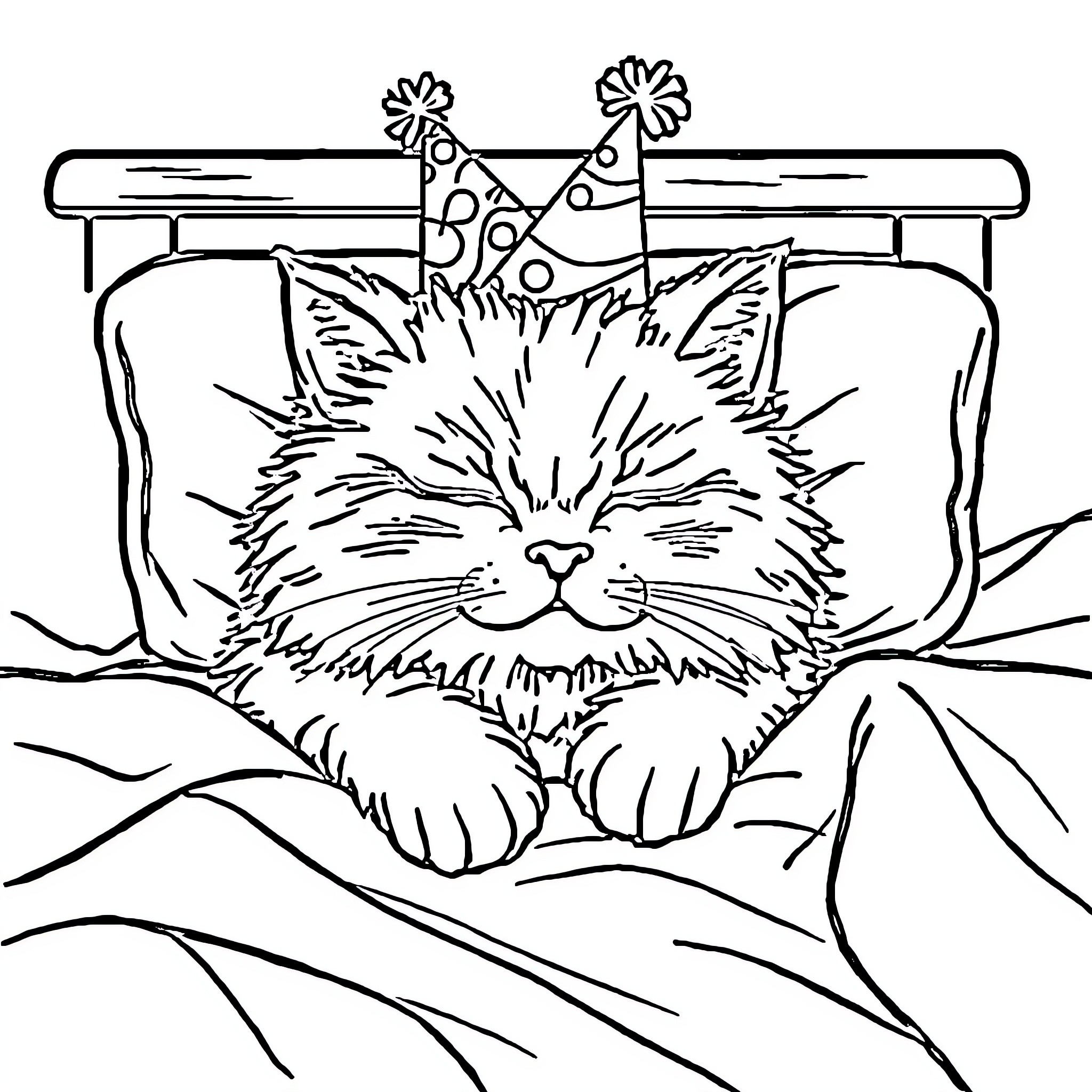 Cat resting on a cozy bed with party hat Coloring Page (free black-and-white line drawing printable PDF for all, from beginners to advanced learners, including children, teens, adults, and seniors)