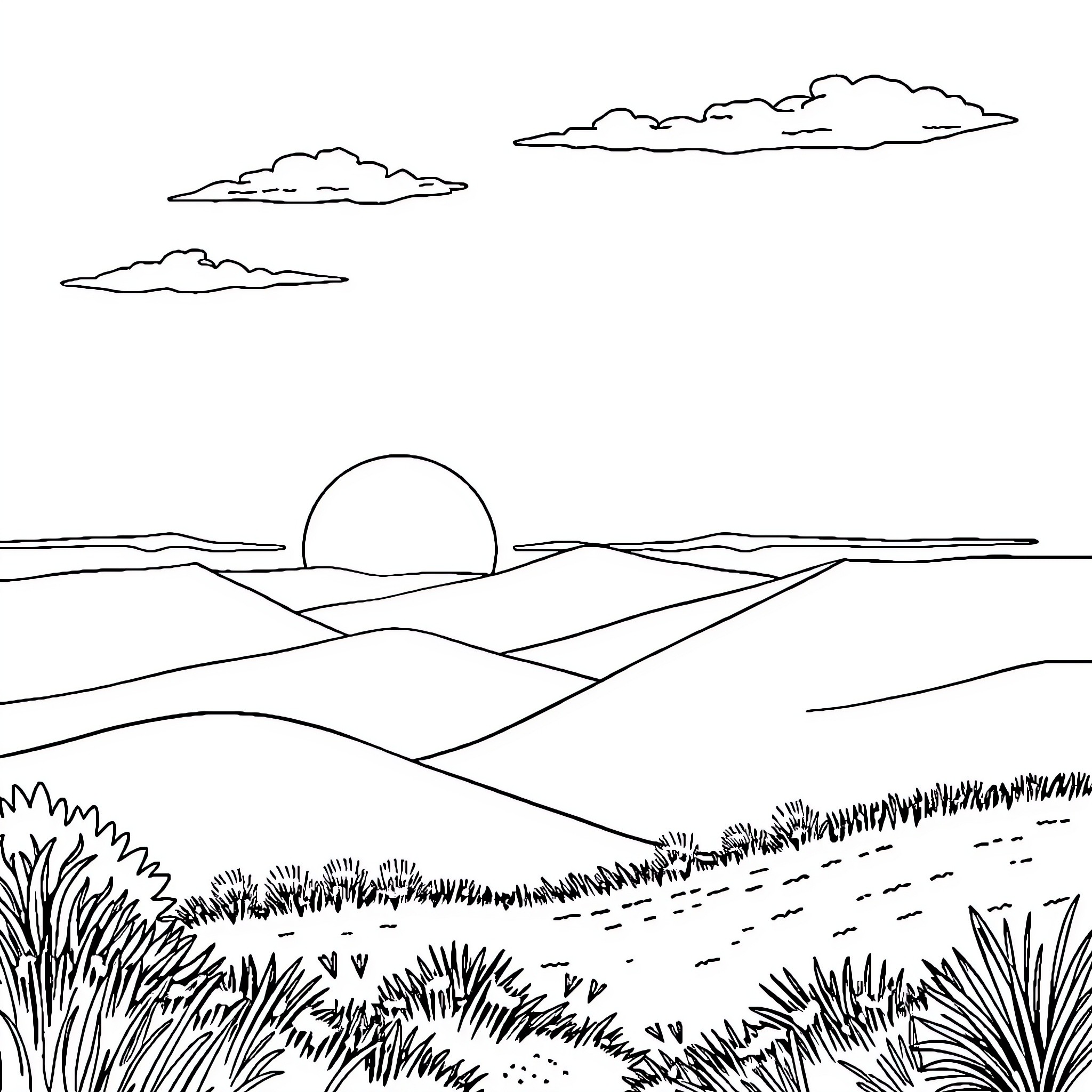 Sun setting over peaceful landscape Coloring Page (free black-and-white line drawing printable PDF for all, from beginners to advanced learners, including children, teens, adults, and seniors)
