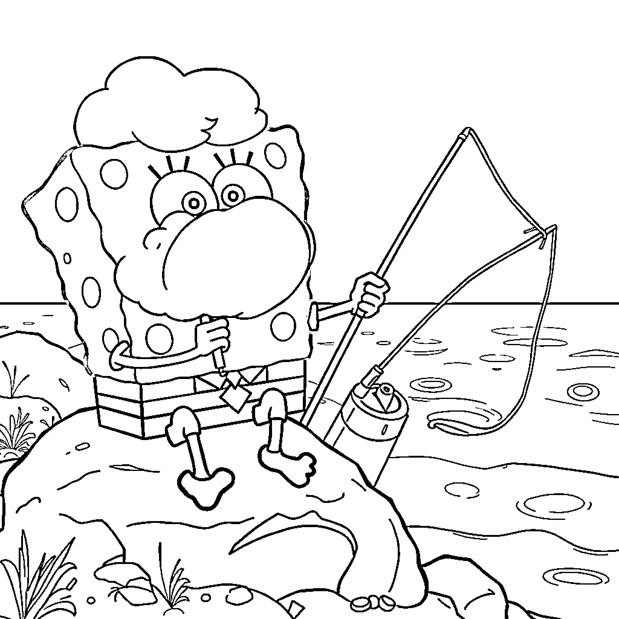 Spongebob fishing by the lake Coloring Page (free black-and-white line drawing printable PDF for all, from beginners to advanced learners, including children, teens, adults, and seniors)