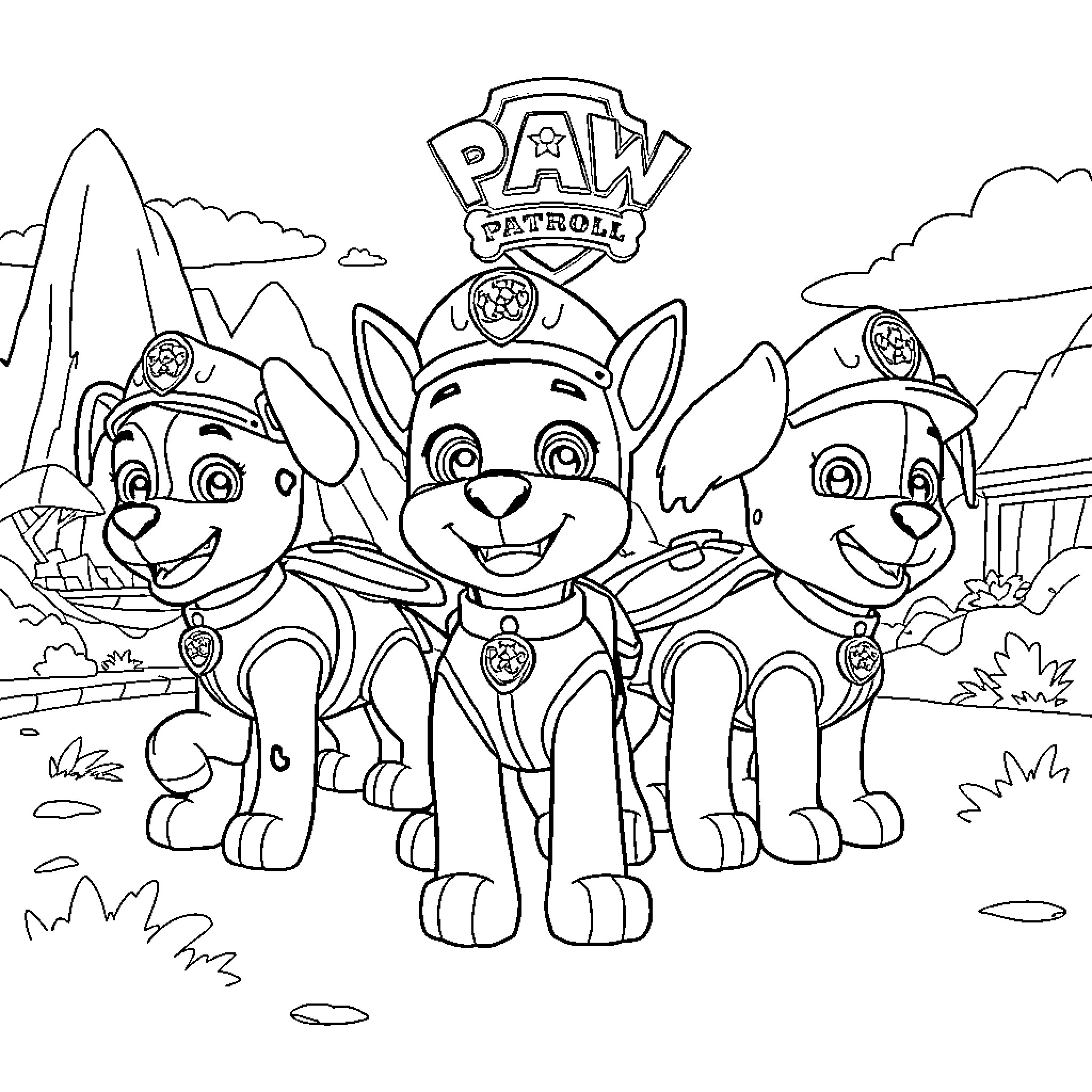 Paw Patrol pups smiling together in an outdoor scene Coloring Page (free black-and-white line drawing printable PDF for all, from beginners to advanced learners, including children, teens, adults, and seniors)