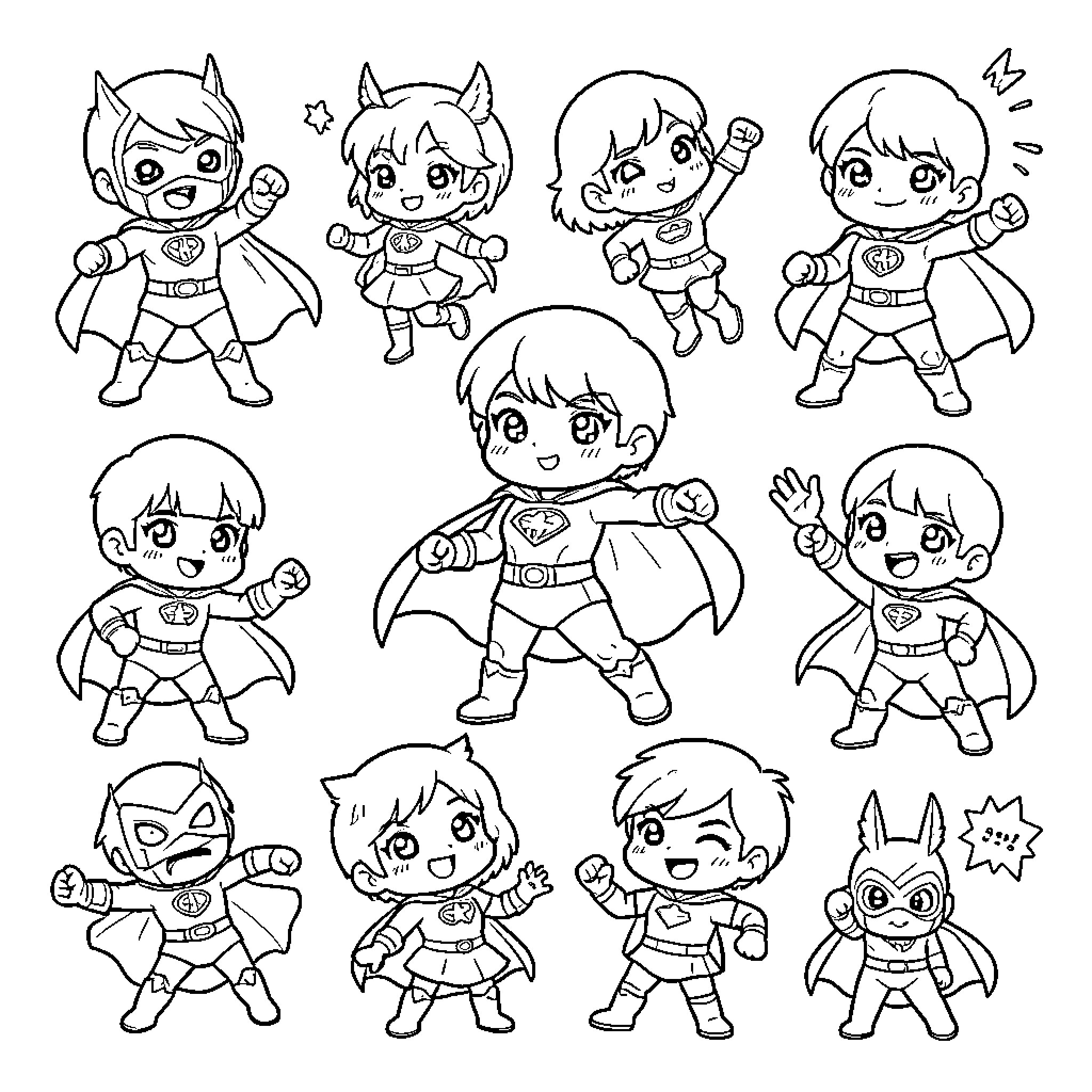 Superhero characters posing with joyful and brave expressions Coloring Page (free black-and-white line drawing printable PDF for all, from beginners to advanced learners, including children, teens, adults, and seniors)