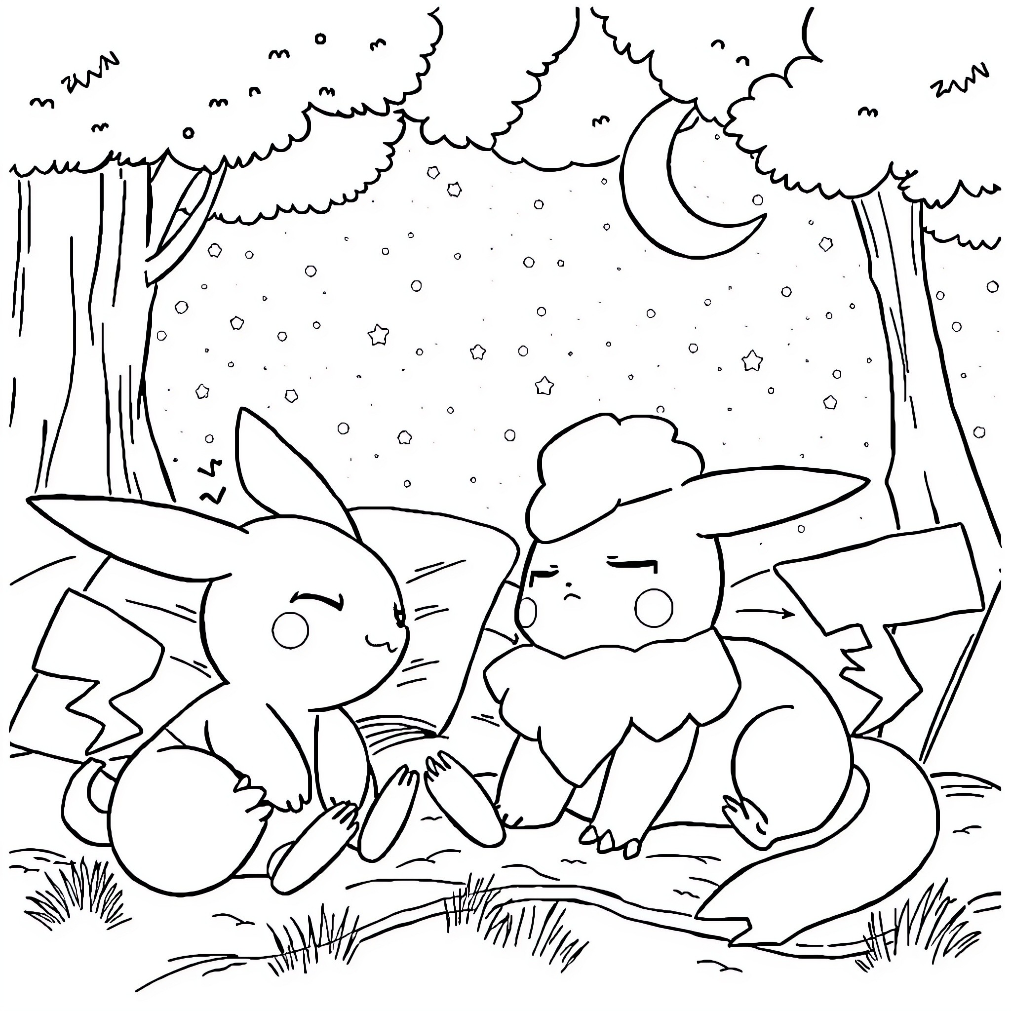 Pokémon characters in a snowy forest scene Coloring Page (free black-and-white line drawing printable PDF for all, from beginners to advanced learners, including children, teens, adults, and seniors)