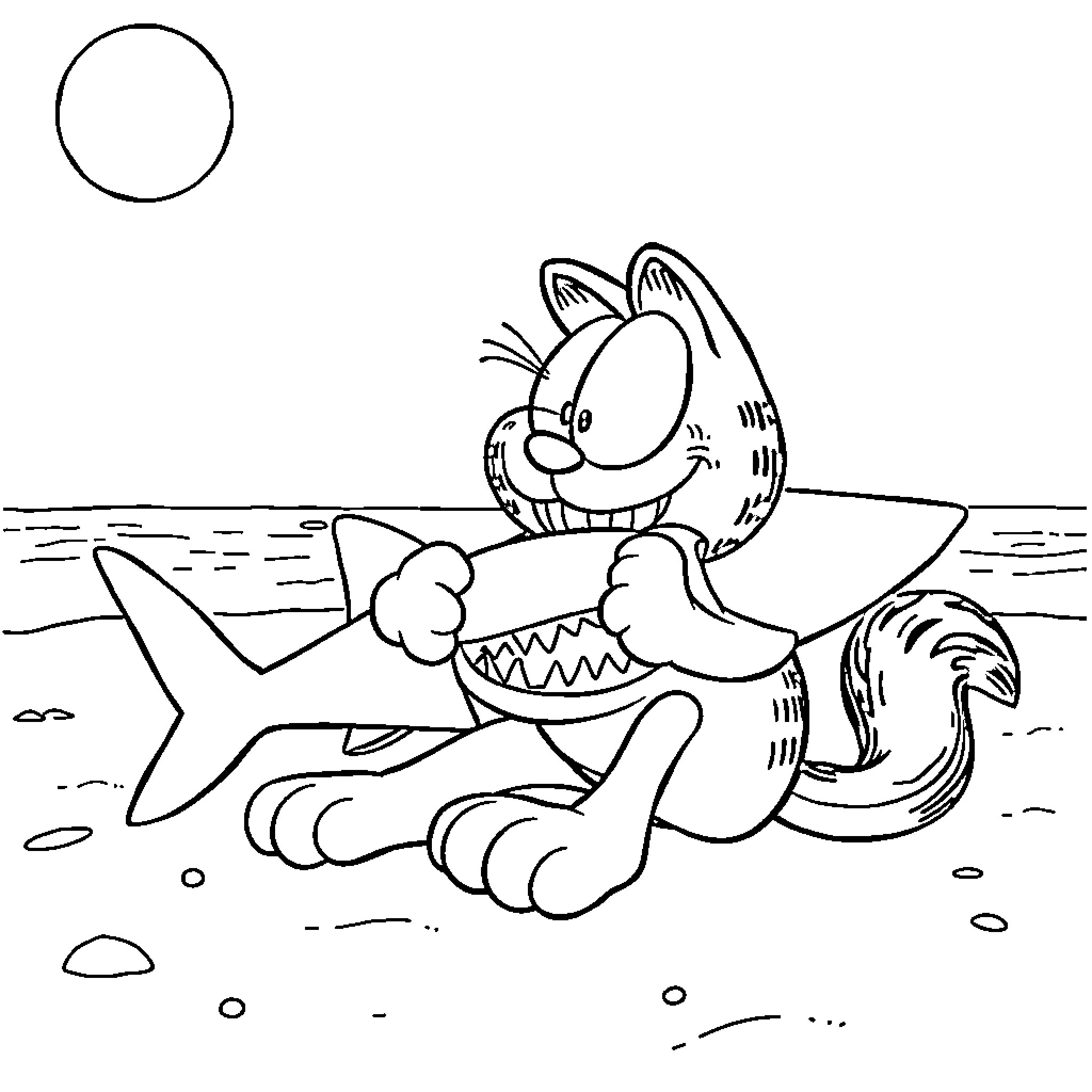 Garfield as a shark hunting on the beach Coloring Page (free black-and-white line drawing printable PDF for all, from beginners to advanced learners, including children, teens, adults, and seniors)