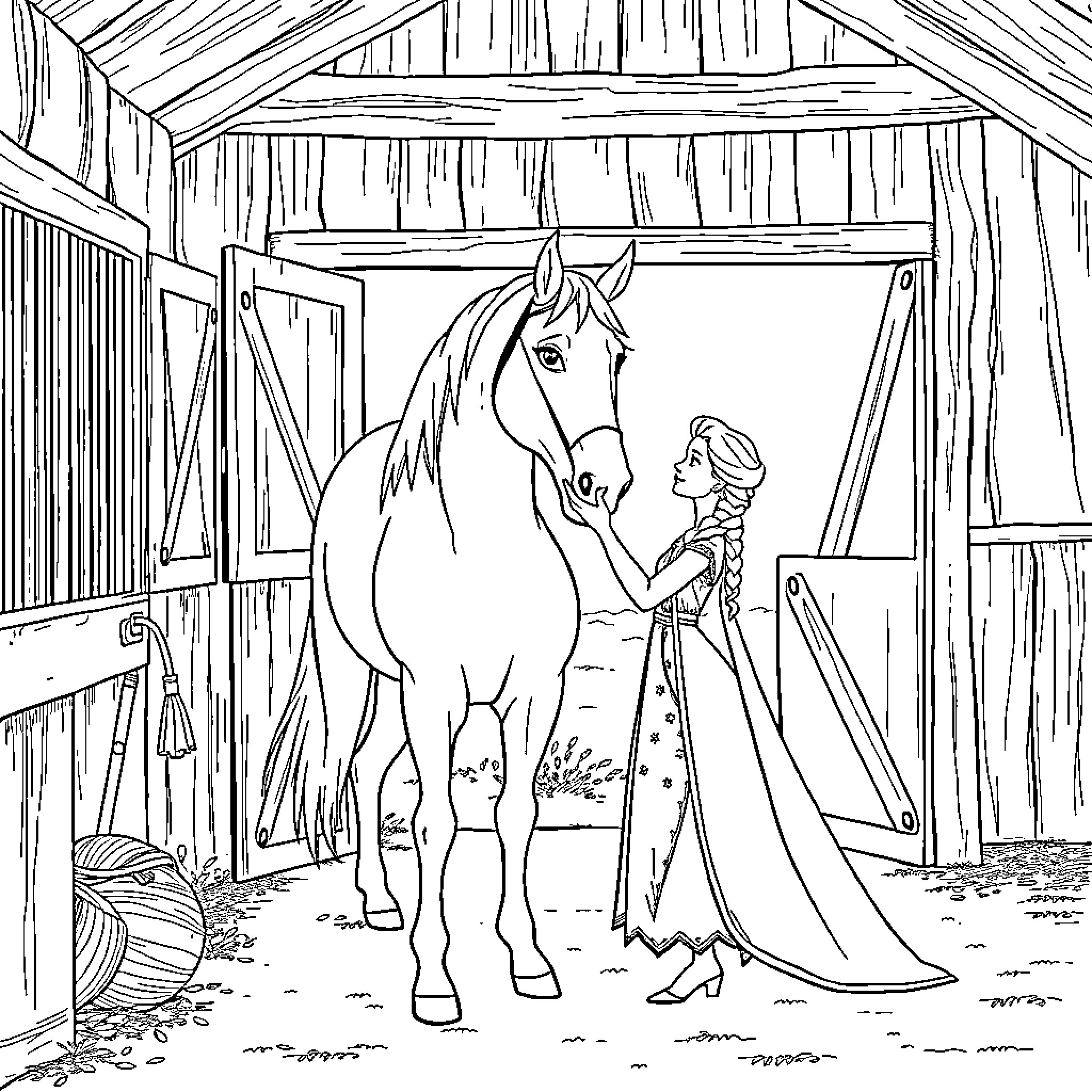 Elsa's Enchanting Encounter with the Majestic Horse Coloring Page (free black-and-white line drawing printable PDF for all, from beginners to advanced learners, including children, teens, adults, and seniors)