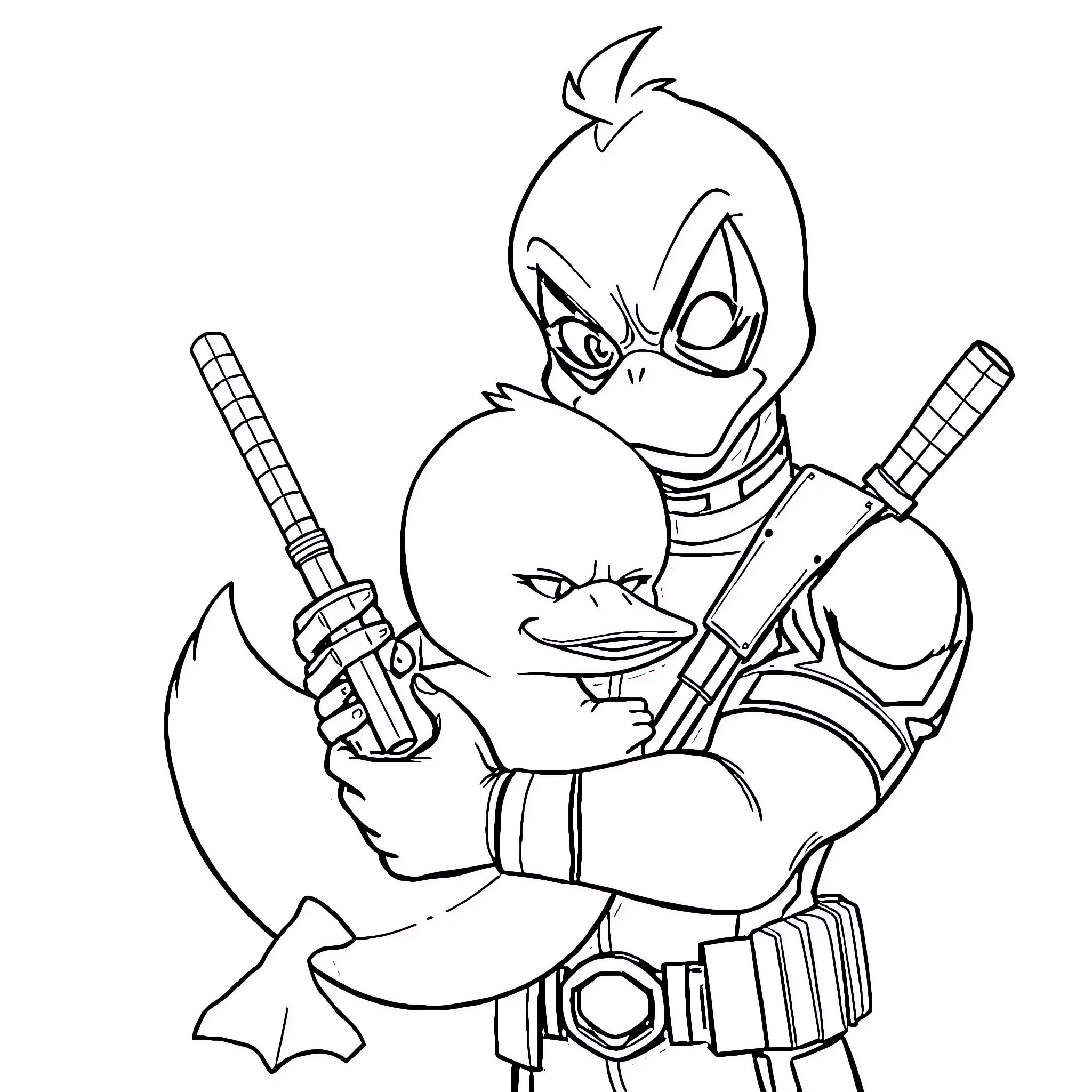 Psyduck in a heroic pose with weapons Coloring Page (free black-and-white line drawing printable PDF for all, from beginners to advanced learners, including children, teens, adults, and seniors)