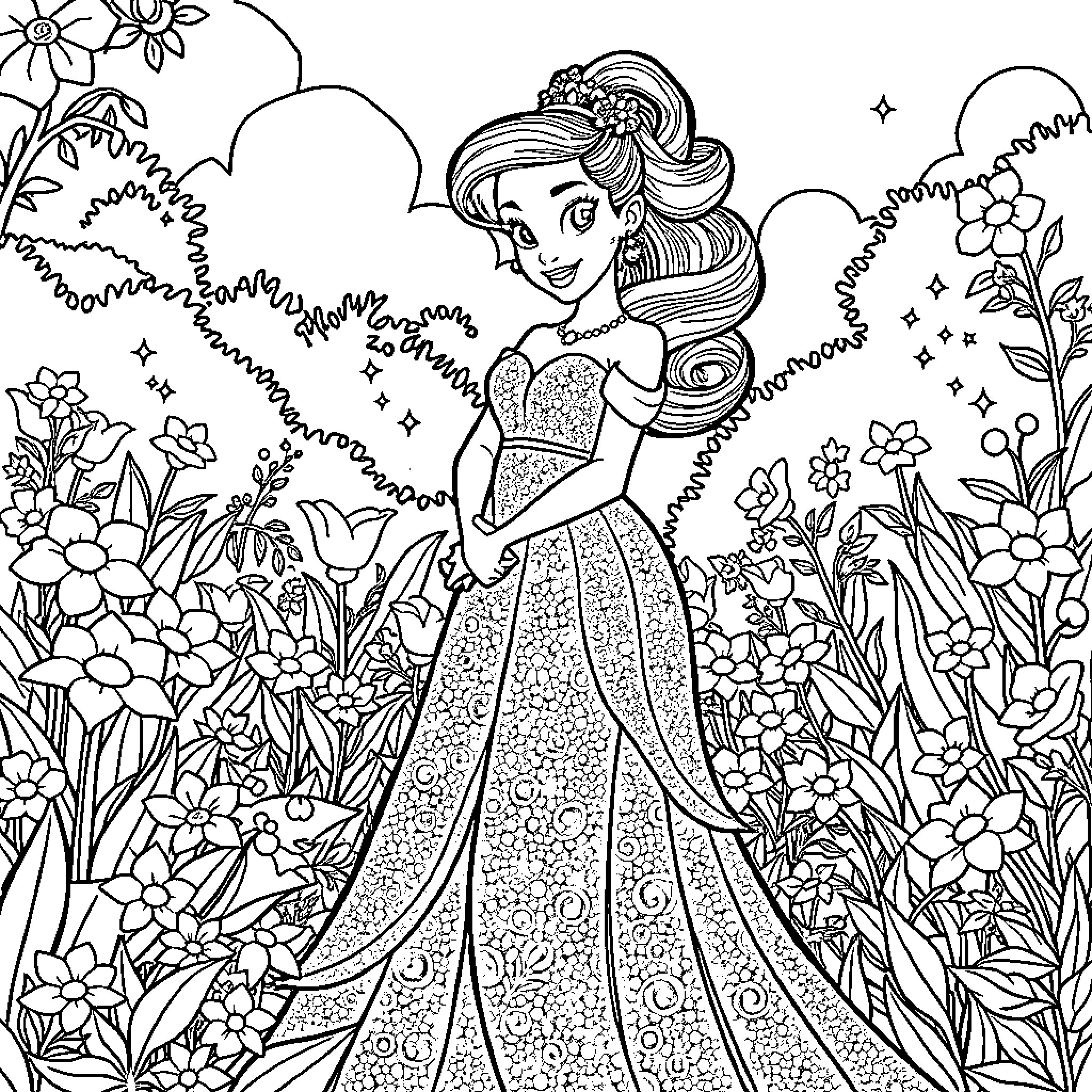Princess Tiana admiring the beautiful garden Coloring Page (free black-and-white line drawing printable PDF for all, from beginners to advanced learners, including children, teens, adults, and seniors)